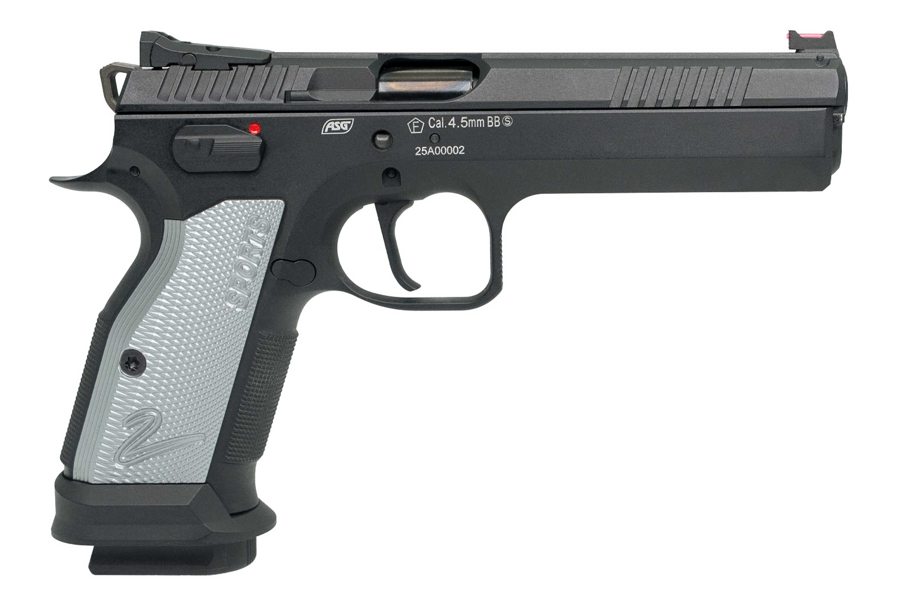 ASG-Luftpistole im schwarz-silbernen Design mit 4,5-mm-BB-Kaliber und ergonomischem Griff.