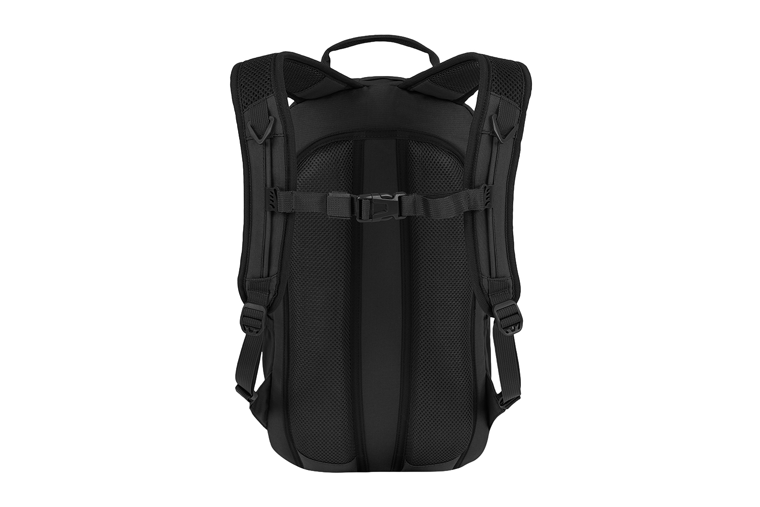 Rückansicht eines schwarzen taktischen Rucksacks mit gepolsterten Mesh-Schultergurten, einem Brustgurt und einem Tragegriff.