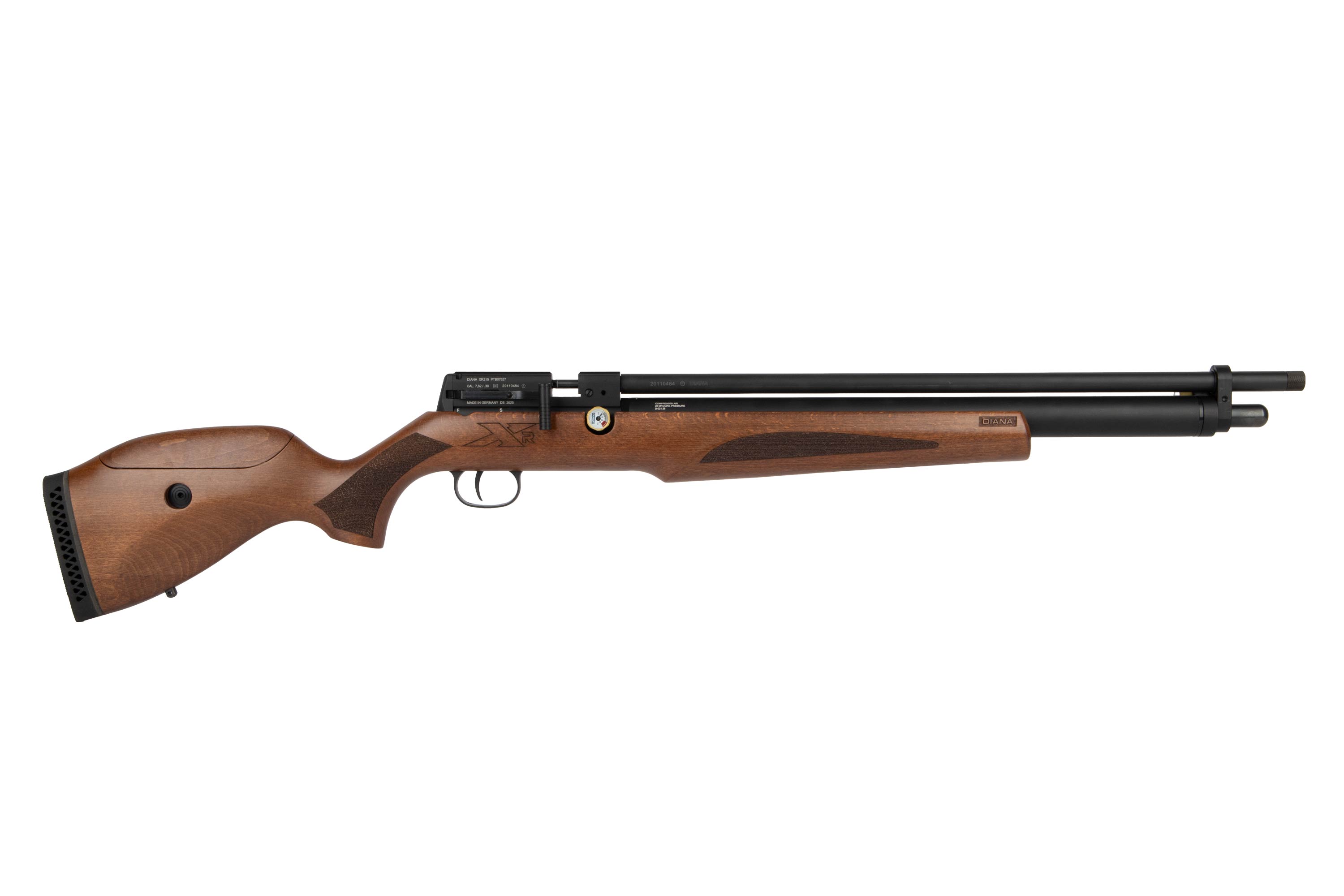 Diana Stormrider PCP-Luftgewehr mit Holzschaft, schwarzem Metalllauf und integriertem Luftzylinder auf weißem Hintergrund.