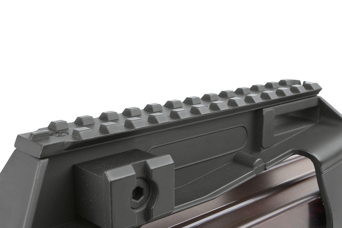 Schwarze Picatinny-Schienenhalterung aus Metall für Luftgewehre und Schusswaffen mit robustem Design für Optik und Zubehör.