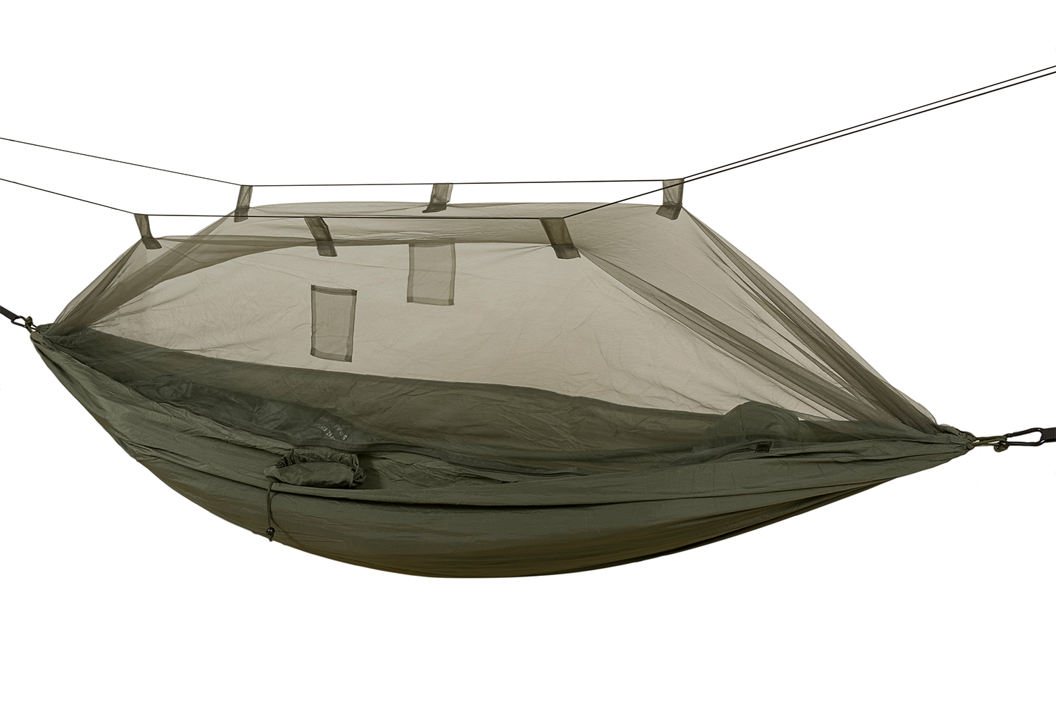 Olivgrüne Outdoor-Hängematte mit integriertem Moskitonetz, aufgehängt an Seilen für Camping und taktische Feldeinsätze.