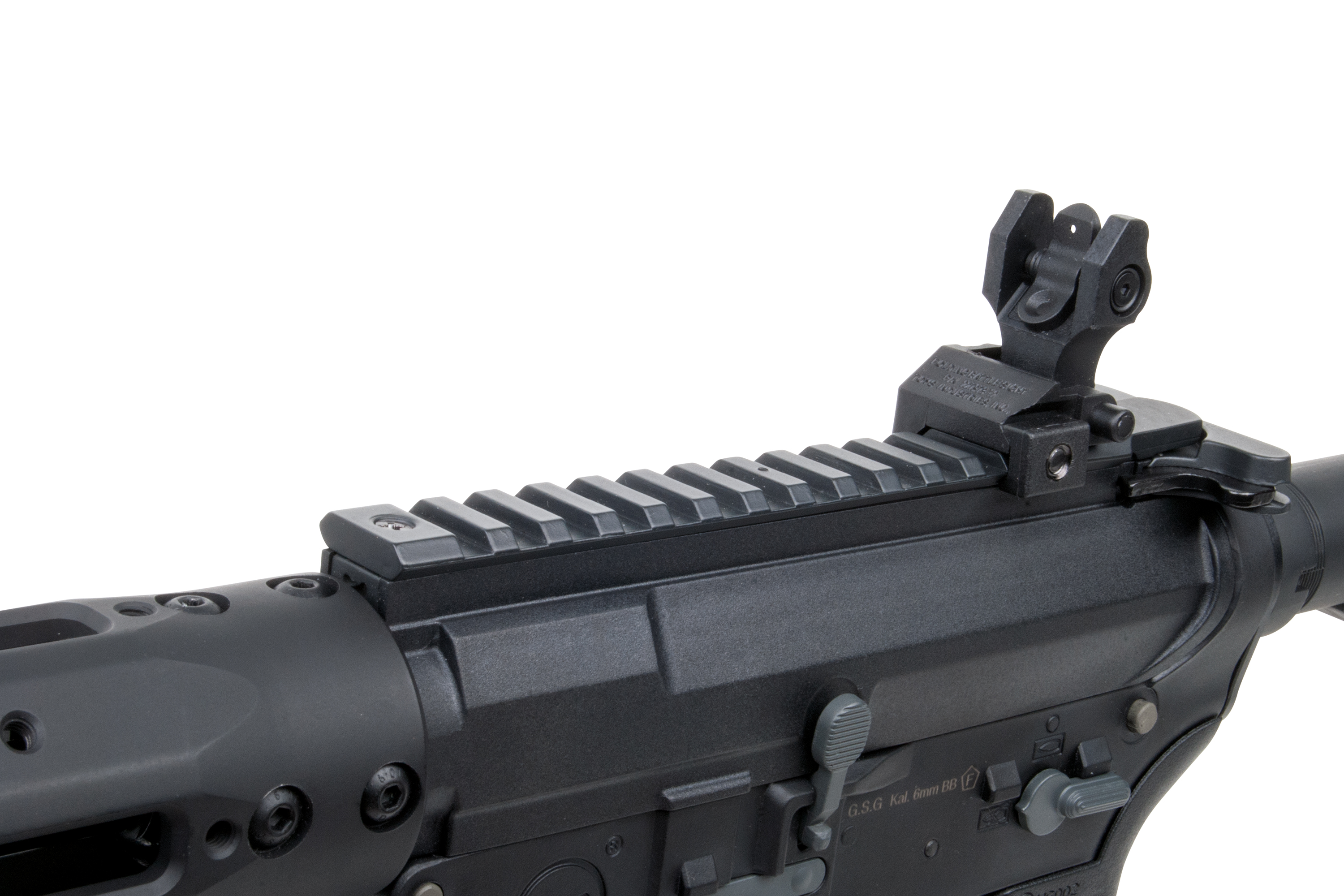Schwarzes GSG-Airsoft-Gewehr-Obergehäuse mit integrierter Picatinny-Schiene und verstellbarem, hochklappbarem Visier aus Eisen.