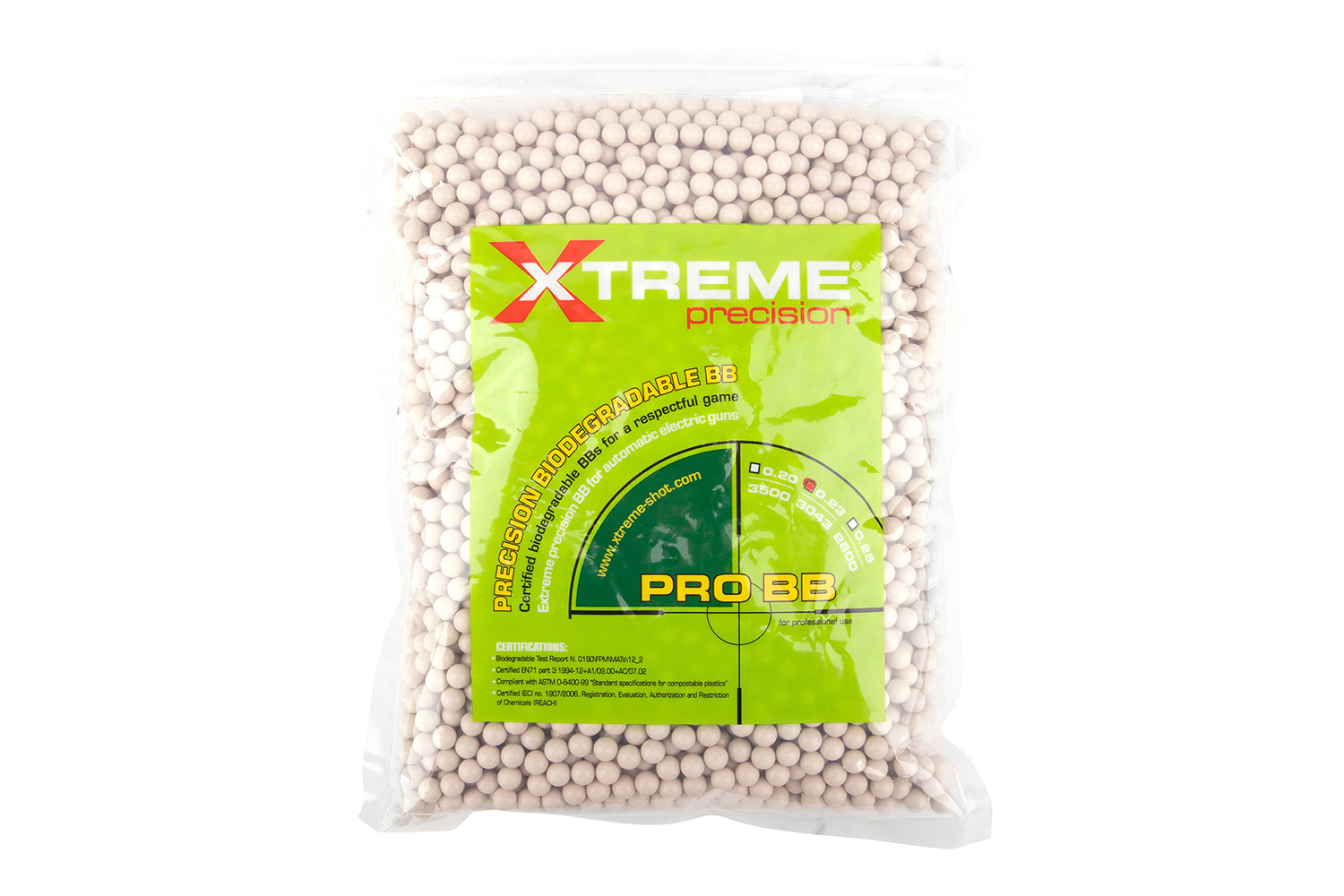 Xtreme Precision biologisch abbaubare BBs in einer durchsichtigen Tasche, ideal für Airsoft- und Elektropistolen, 0,20 g Gewicht.