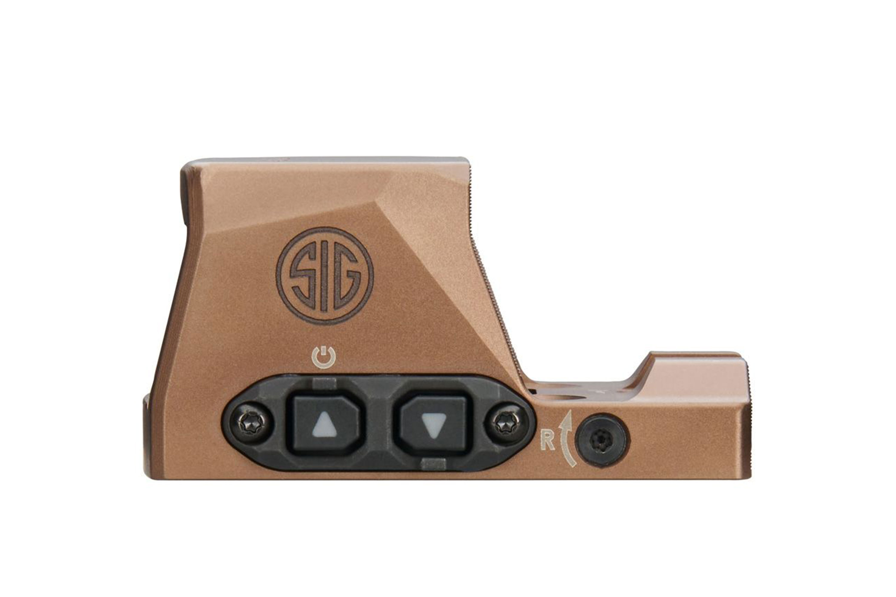Seitenansicht eines bronzenen Sig Sauer-Reflexvisiers mit schwarzen Einstellknöpfen mit Auf- und Ab-Pfeilen am Gehäuse.