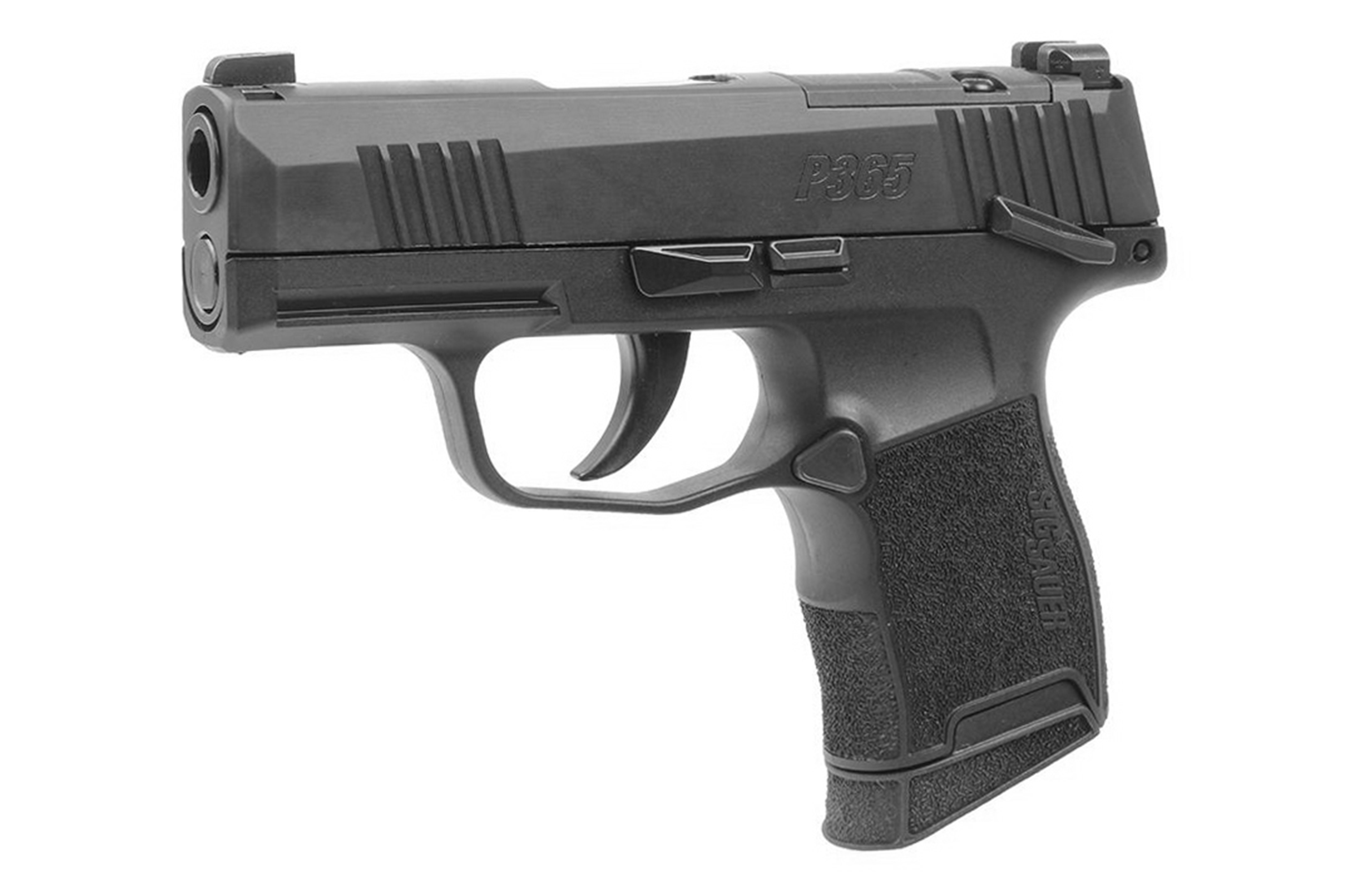 Sig Sauer P365 Luftpistole in Schwarz mit strukturiertem Griff und kompaktem Design für Schusswaffenliebhaber.