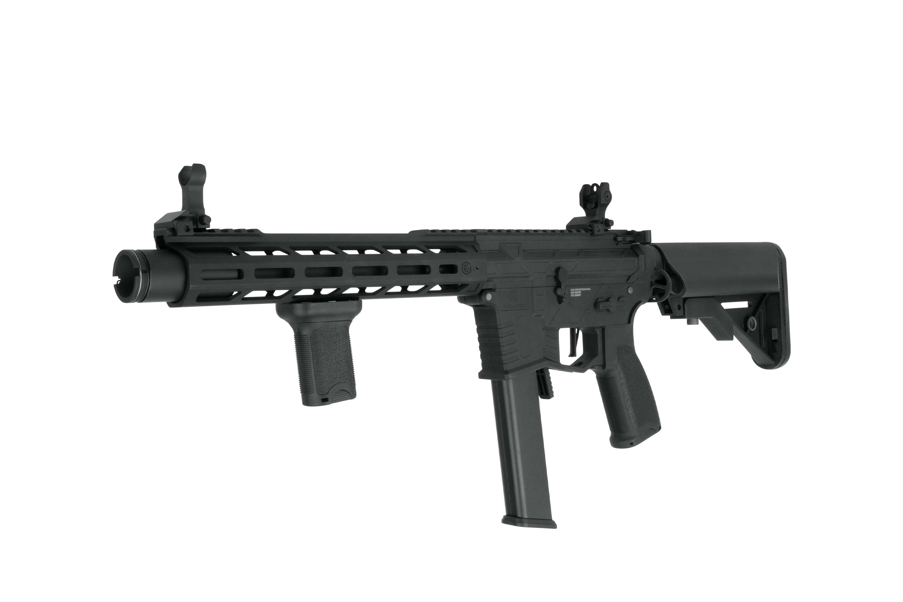 Luftgewehr von Black Evolution International mit modularem Handschutz, vertikalem Vordergriff und oberer Zubehörschiene.