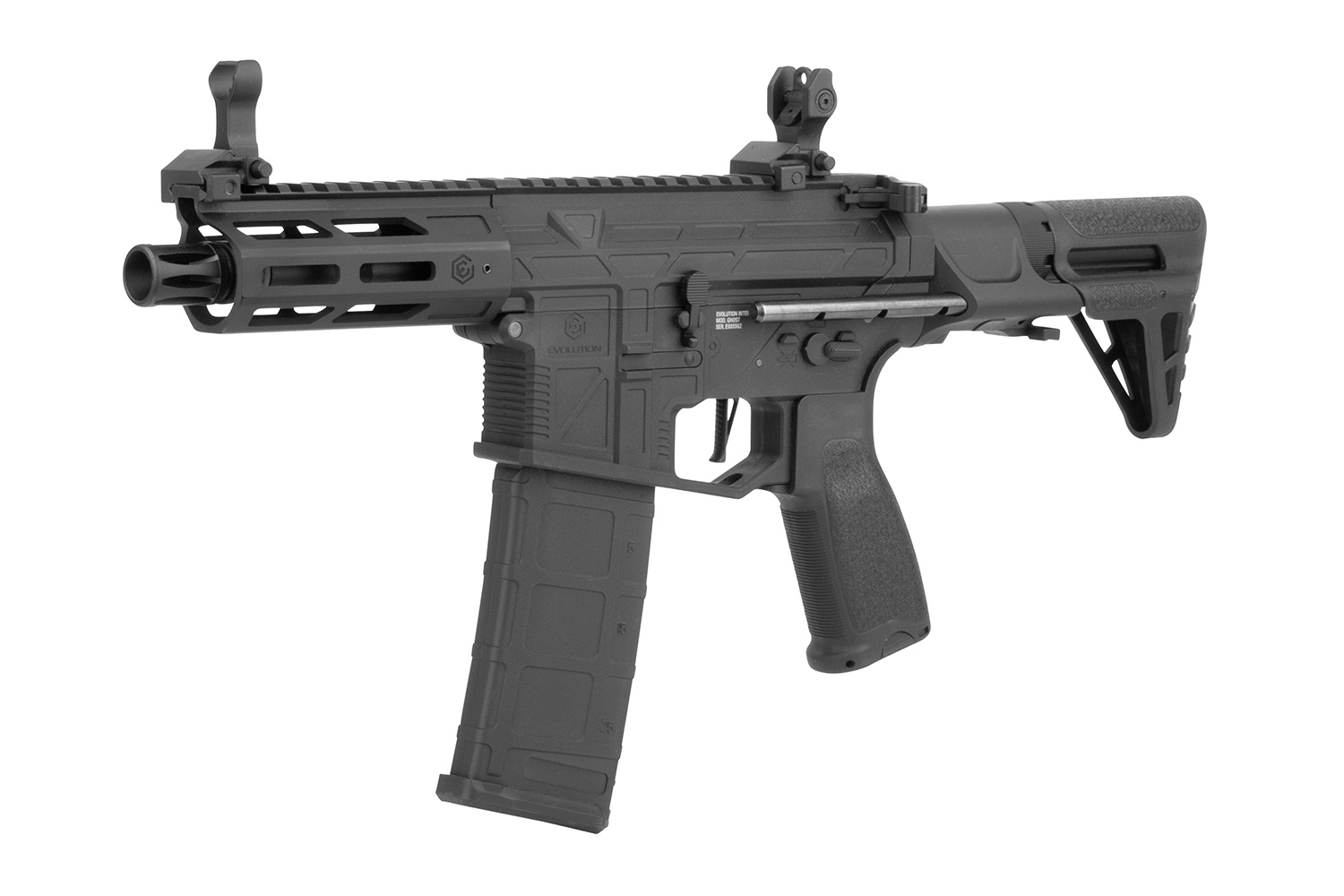 Evolution Airsoft Ghost S schwarzes Karabiner-Luftgewehr mit M-LOK-Handschutz, verstellbarem Schaft und hochklappbarem Eisenvisier.