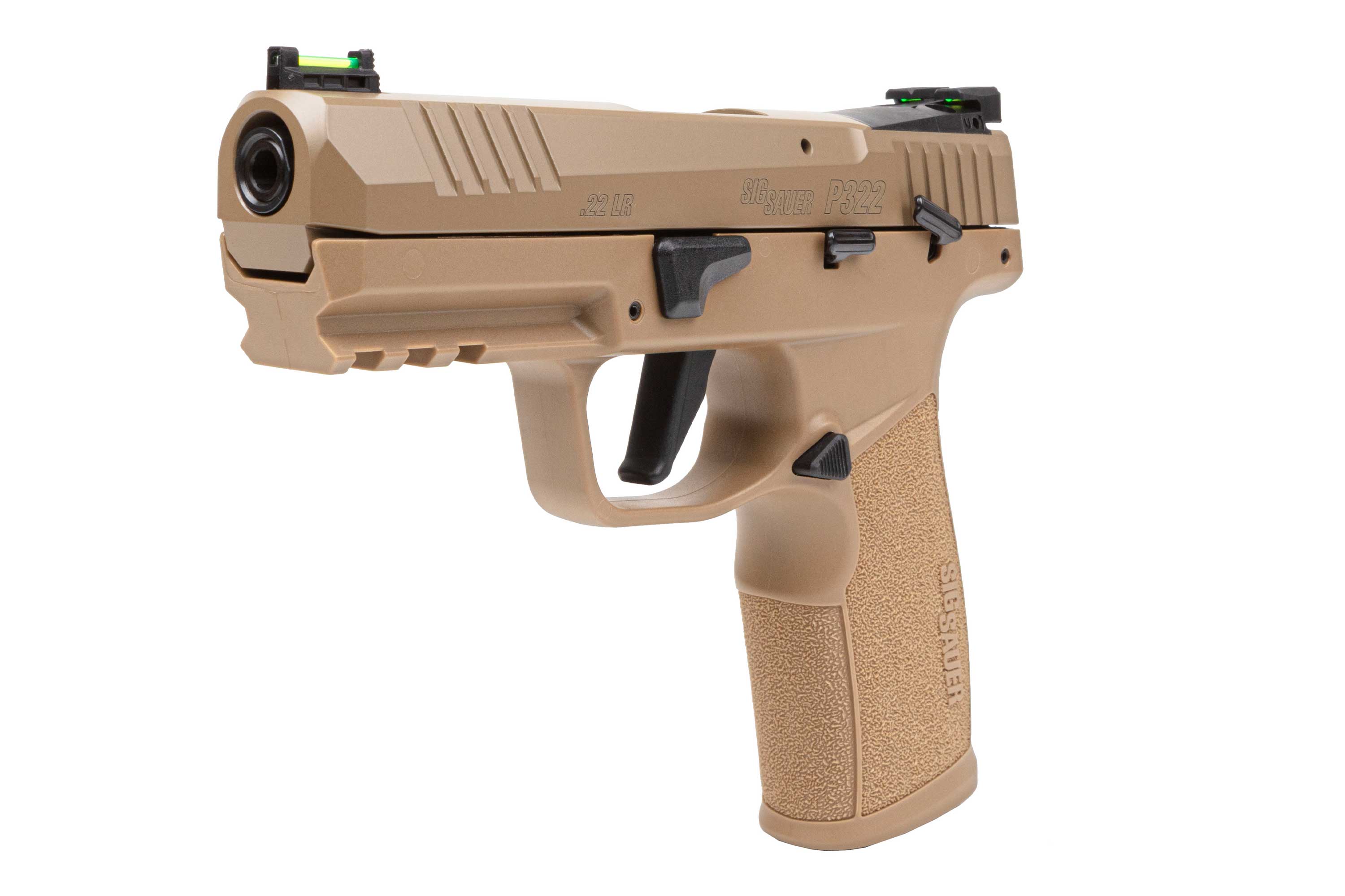 Sig Sauer P322 Luftpistole in hellbrauner Farbe mit strukturiertem Griff und grünen Glasfaservisieren.