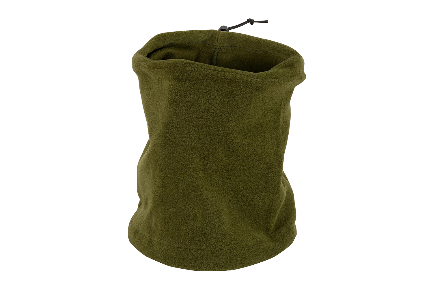 Olivgrüner Fleece-Halswärmer mit verstellbarem Kordelzug für sicheren Sitz, isoliert auf weißem Hintergrund.