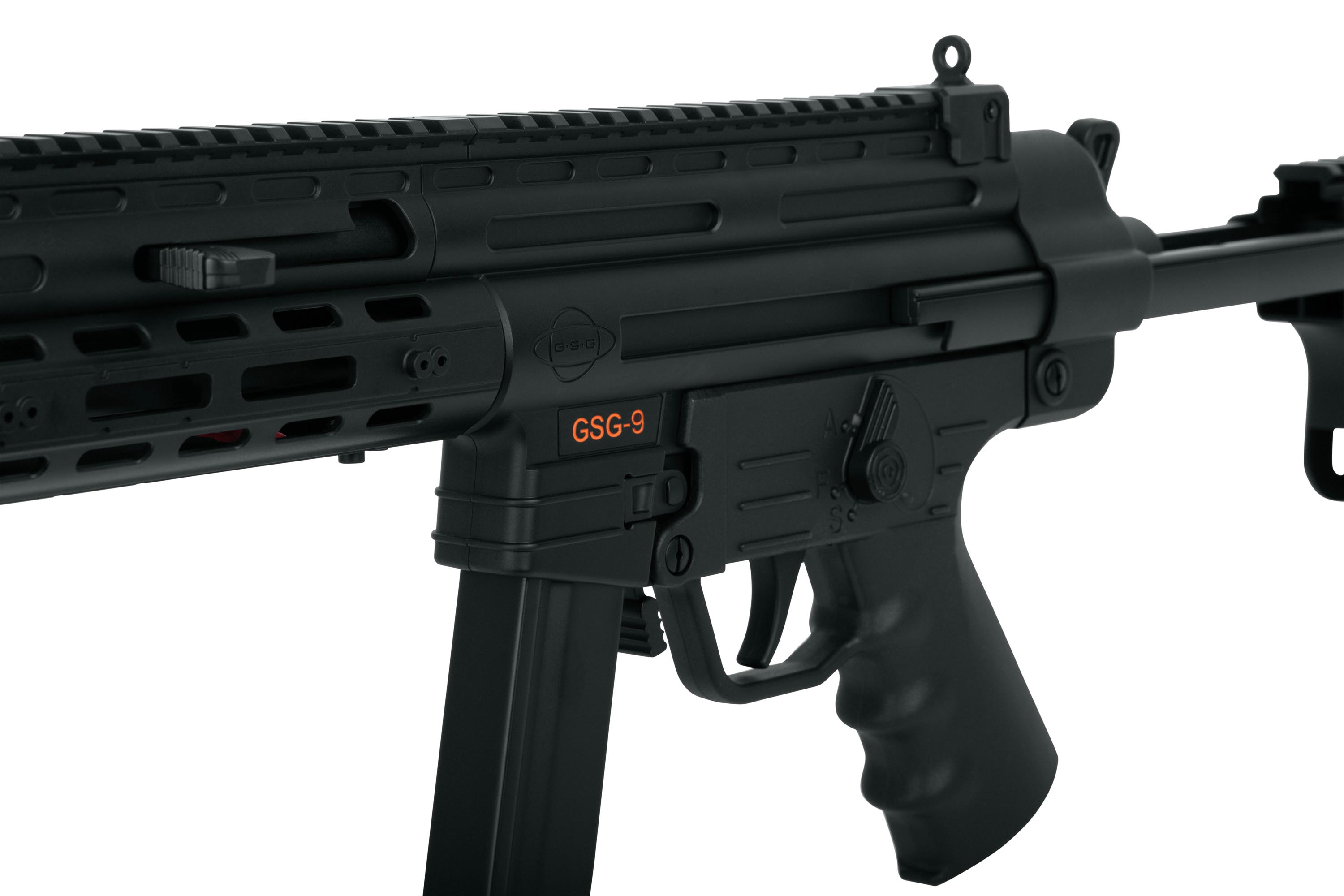 GSG-9-Luftgewehr mit schwarzem Polymergehäuse, taktischer Schiene und ergonomischem Griff für verbesserte Schussleistung.