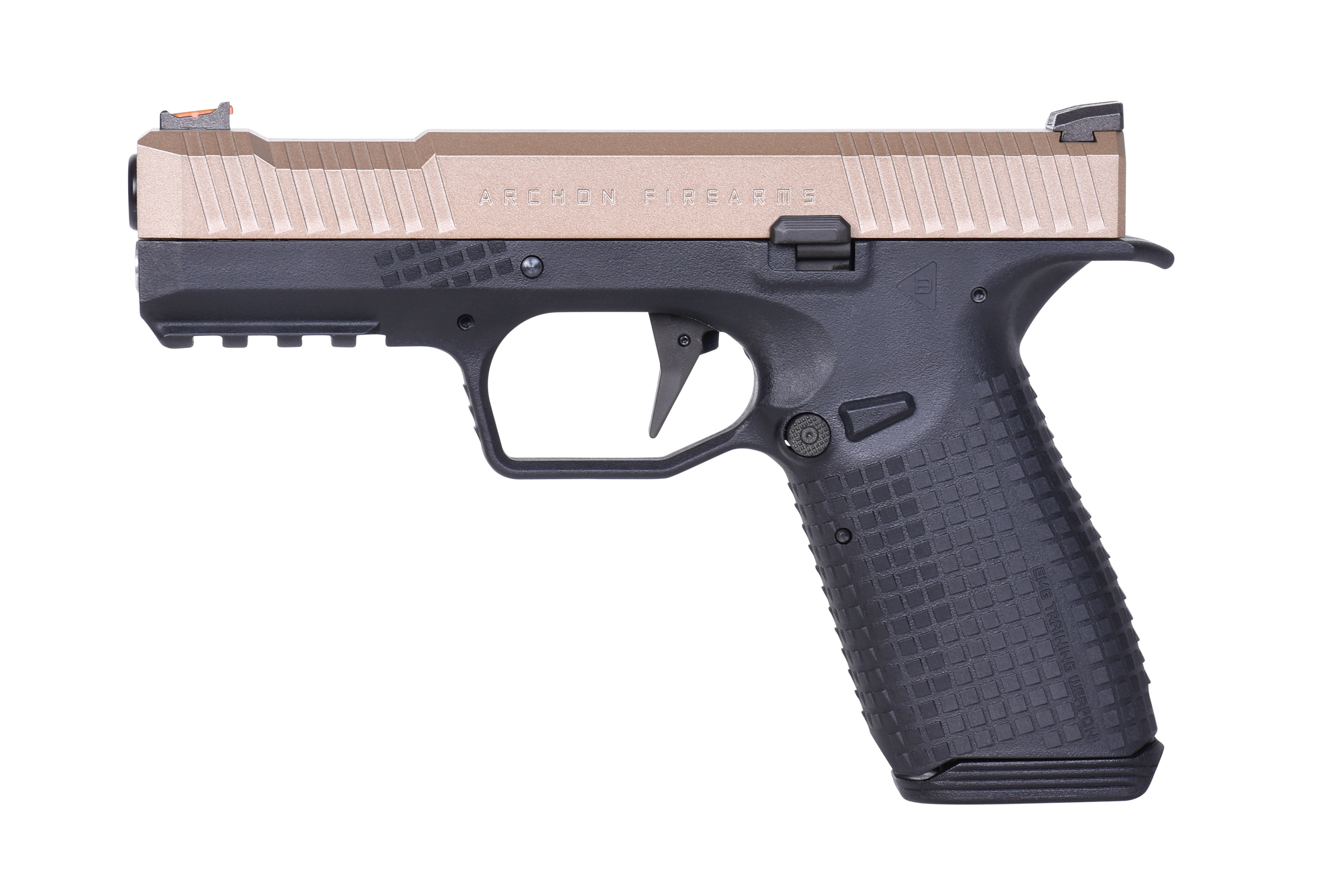 Luftpistole von Archon Firearms mit Bronzeschlitten und schwarzem Griff, konzipiert für Präzisionsschüsse.