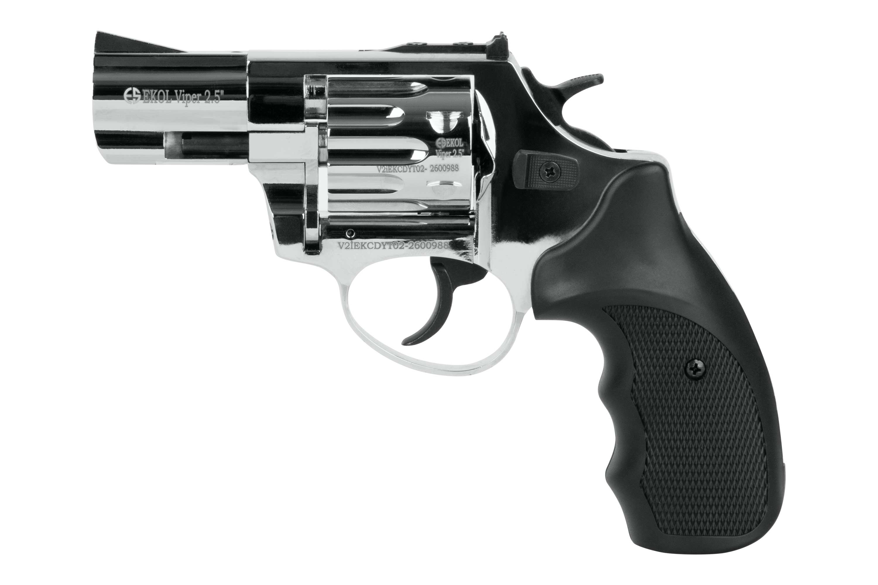Verchromter EKOL Viper 2,5-Zoll-Revolver mit leerem Schuss und schwarzem strukturiertem Griff, isoliert vor weißem Hintergrund.