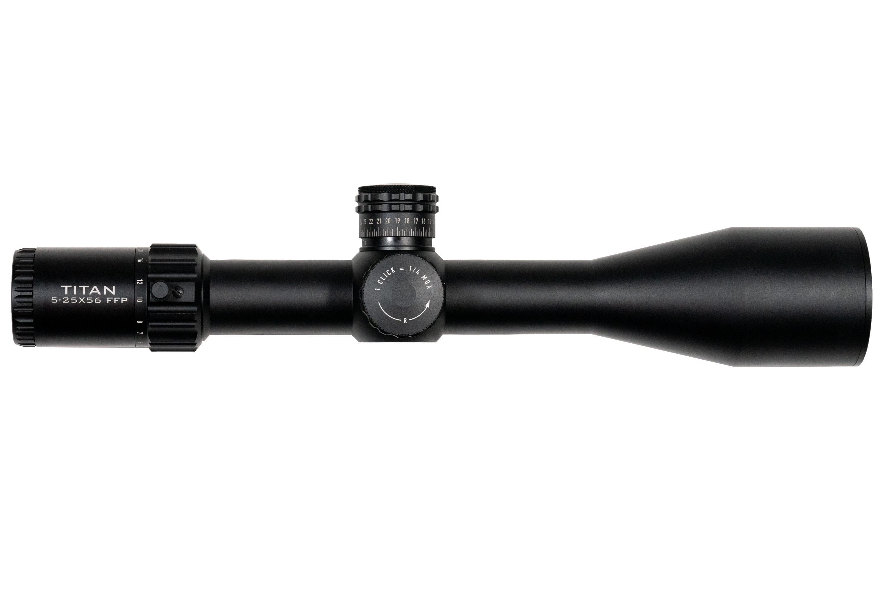 Titan 5-25x56 FFP-Zielfernrohr in Schwarz mit einstellbarer Vergrößerung und Präzisionssteuerung.