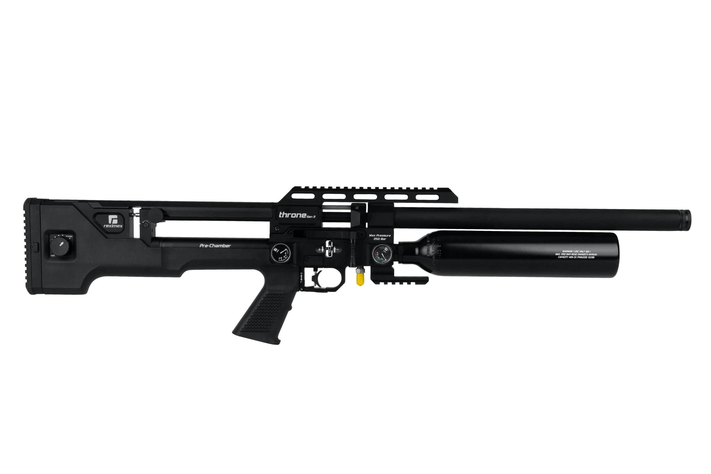 Reximex Throne Gen 2 PCP-Luftgewehr in Schwarz mit Bullpup-Design, integrierten Manometern und Lufttank.