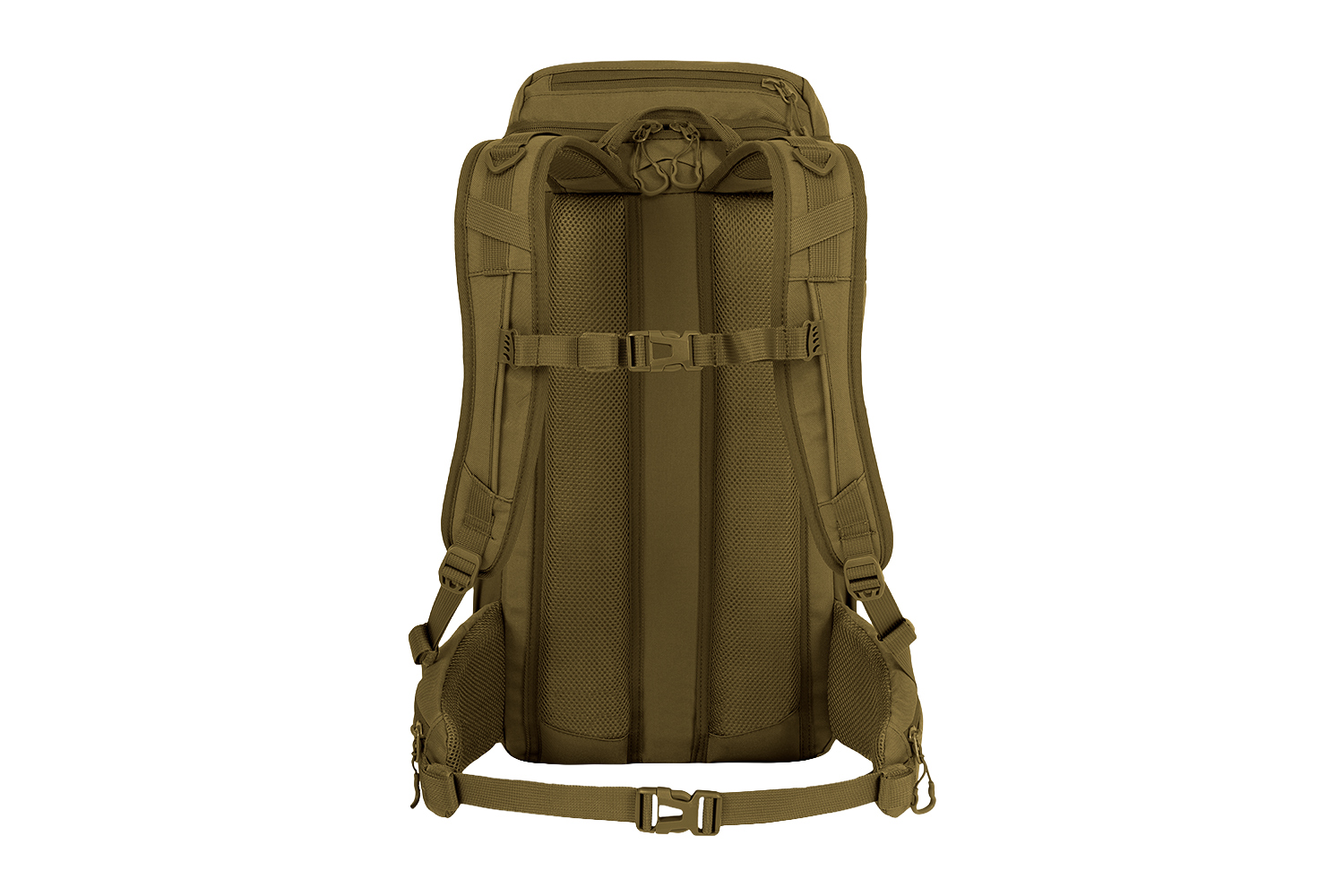 Rückansicht eines kojotenbraunen taktischen Rucksacks mit gepolsterten Mesh-Schultergurten, einer Brustschnalle und einem Hüftgurt.