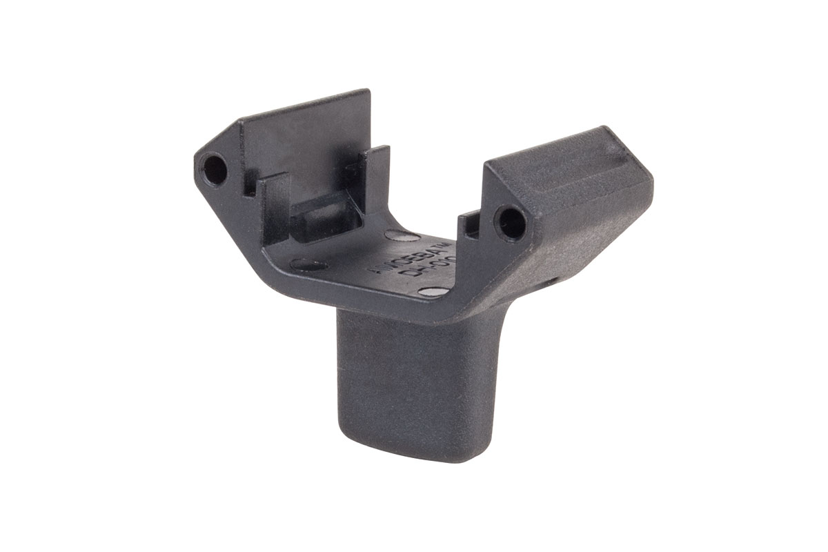 Schwarzes Polymer-Ersatzteil Amoeba DH-010 für Airsoft-Gewehre, mit V-förmigem Design und Befestigungsschraubenlöchern.