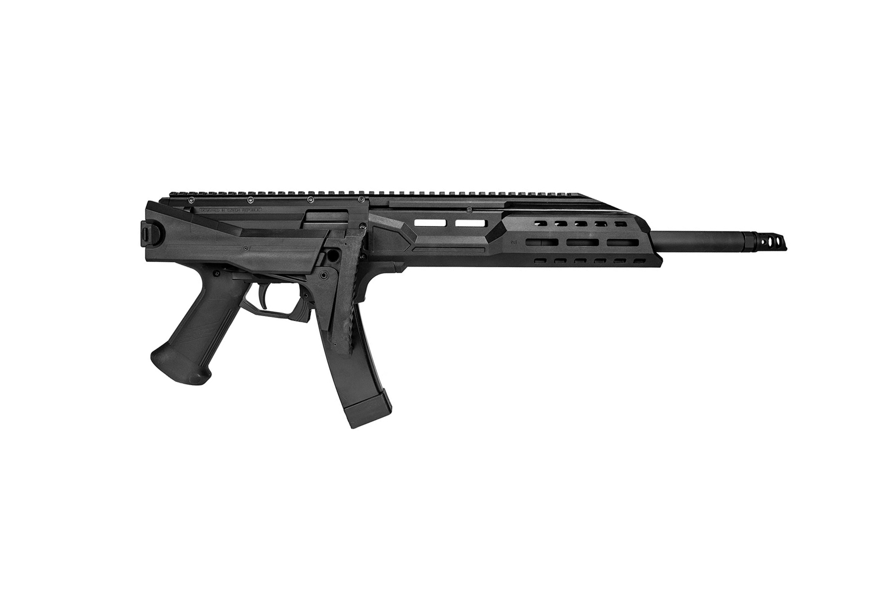Schwarzes Karabiner-Luftgewehr CZ Scorpion EVO 3 S1 mit Klappschaft, taktischem Handschutz und Schiene zur Optikmontage.