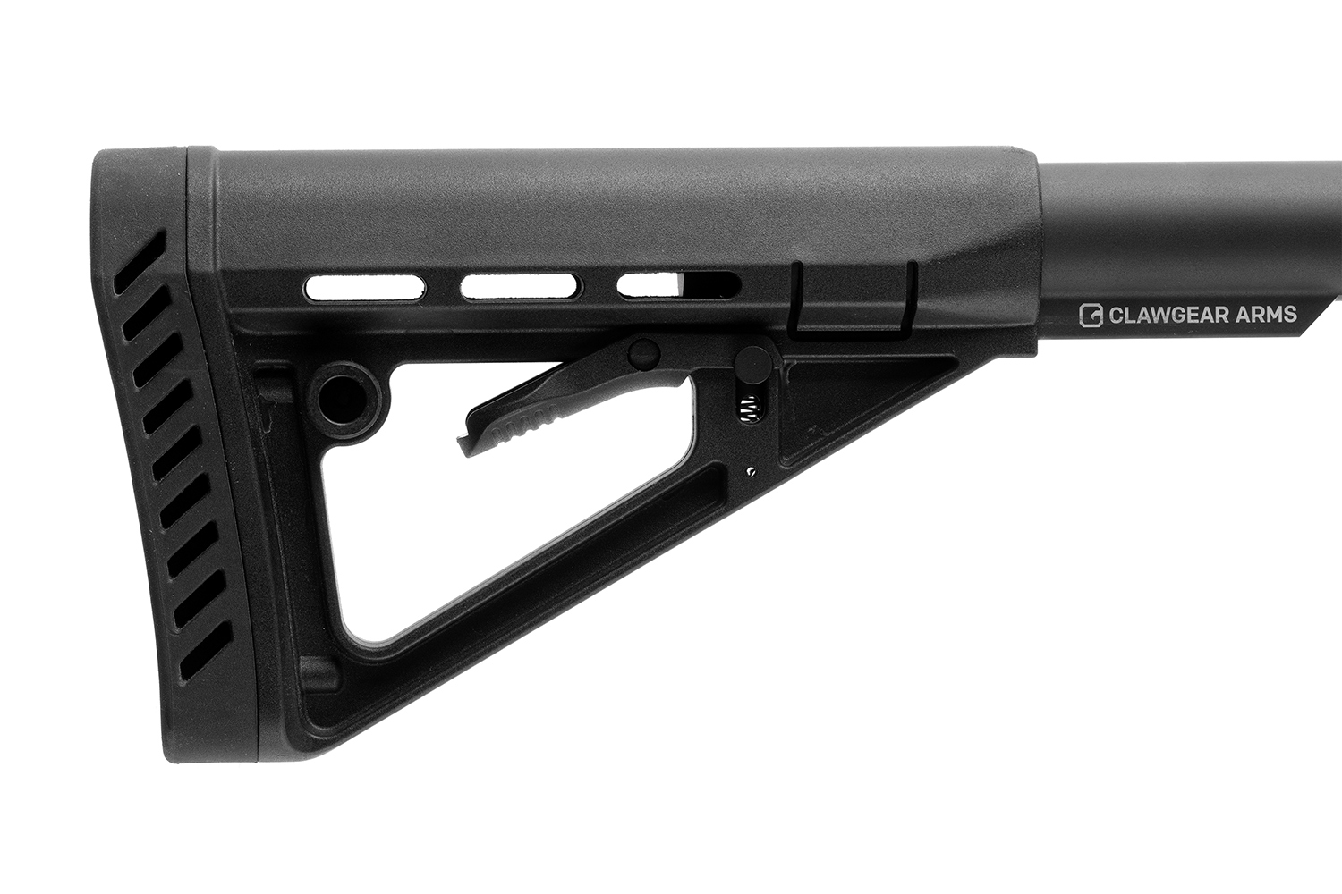 Clawgear Arms verstellbarer schwarzer Schaft mit ergonomischem Design und strukturiertem Griff für verbesserte Stabilität.