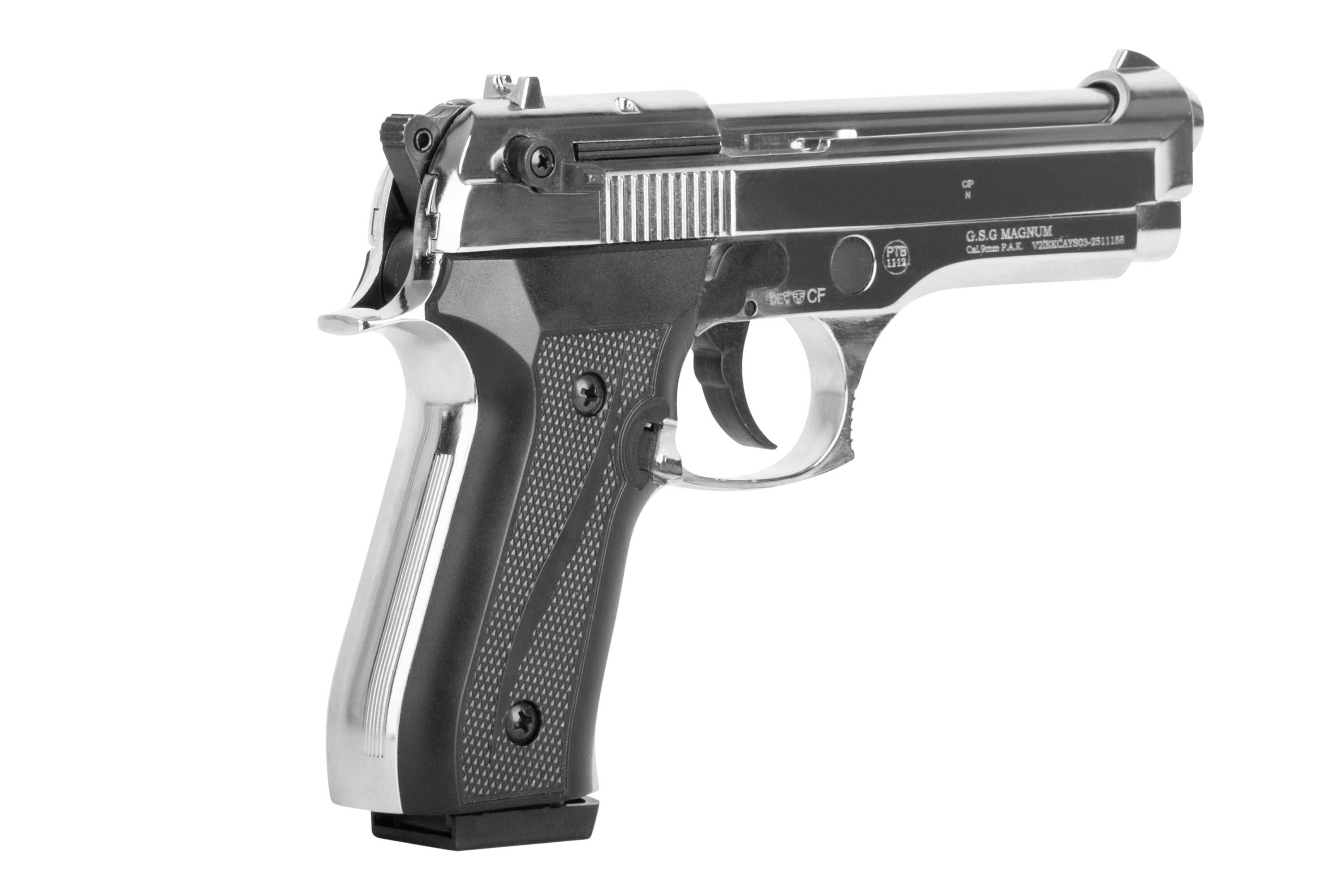 GSG Magnum-Luftpistole mit elegantem Silberfinish und strukturiertem Griff für verbesserte Handhabung.