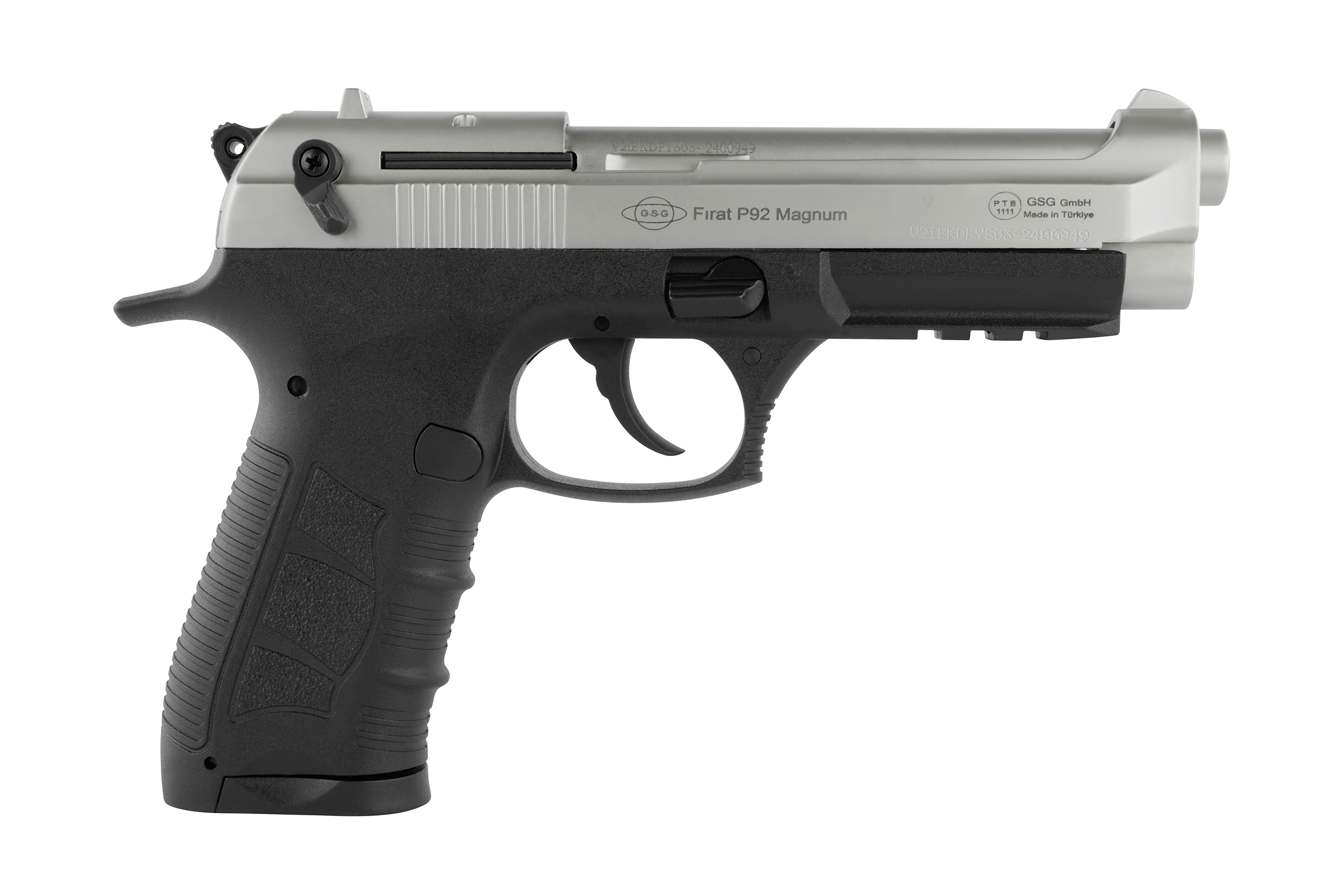 GSG Firat P92 Magnum Luftpistole mit silbernem Metallschlitten und schwarzem Polymergriff, ideal für Schießbegeisterte.