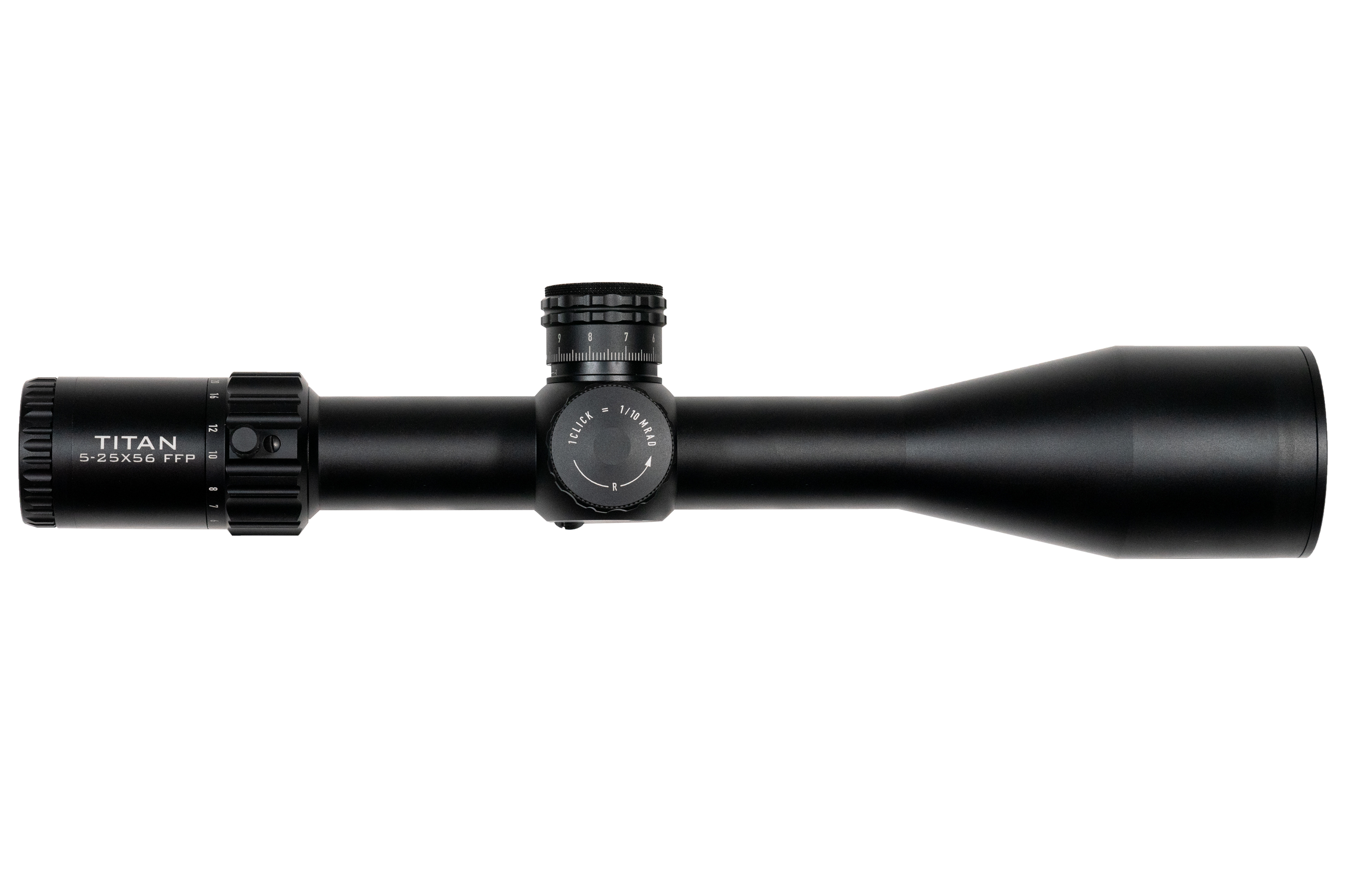 Schwarzes Titan 5-25x56 FFP-Zielfernrohr mit verstellbaren Türmen, seitlichem Fokus und hochwertiger Mattlackierung für Präzision.