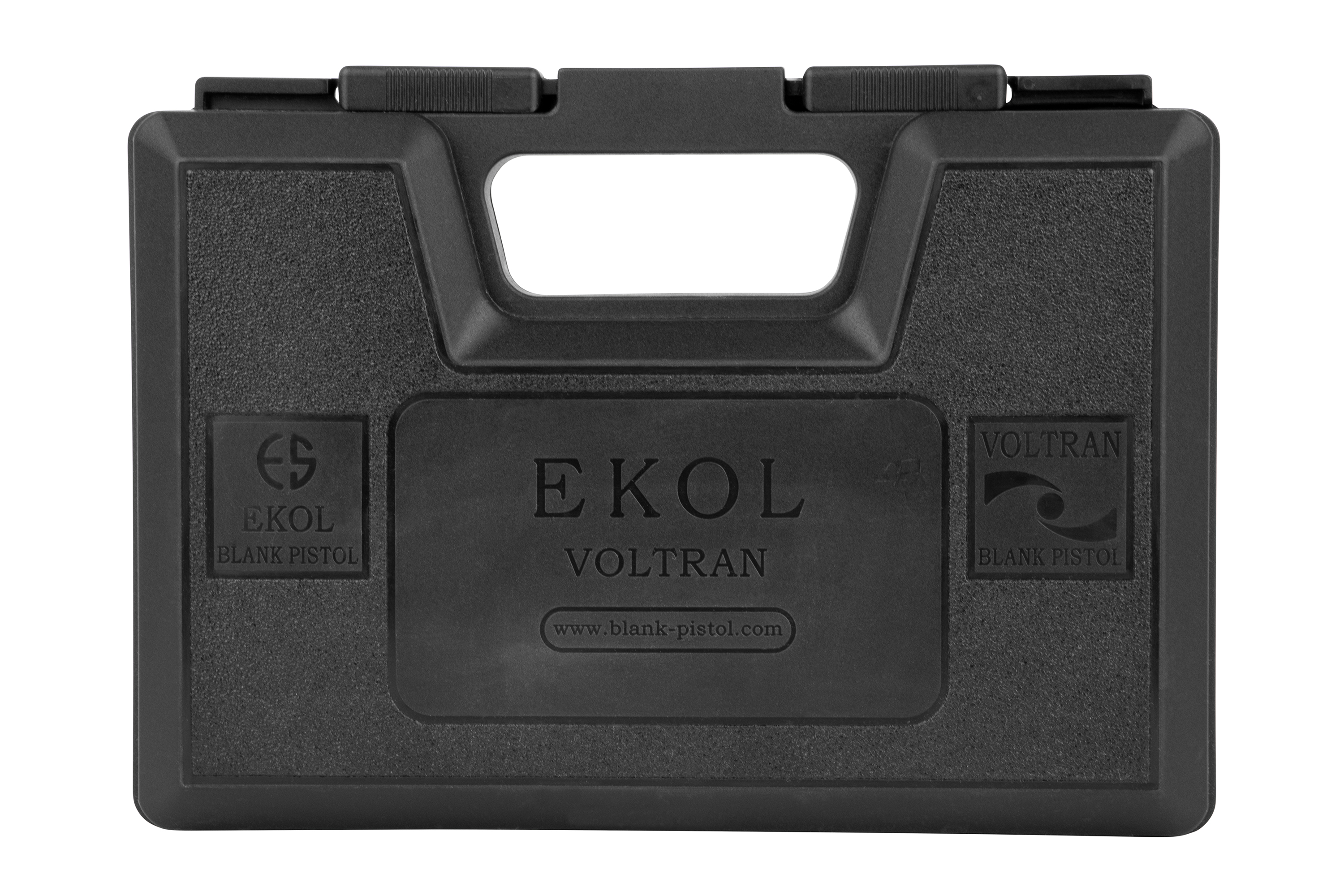 Ekol Voltran Blanko-Pistolenkoffer, robuster schwarzer Kunststoff mit Griff und geprägten Logos zur sicheren Aufbewahrung.