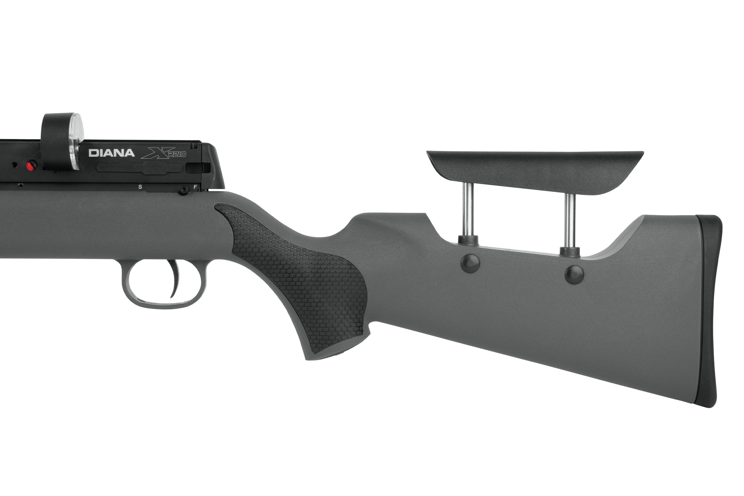 Diana X20-Luftgewehr mit elegantem grauen Schaft, verstellbarer Backe und integrierter Optikhalterung.