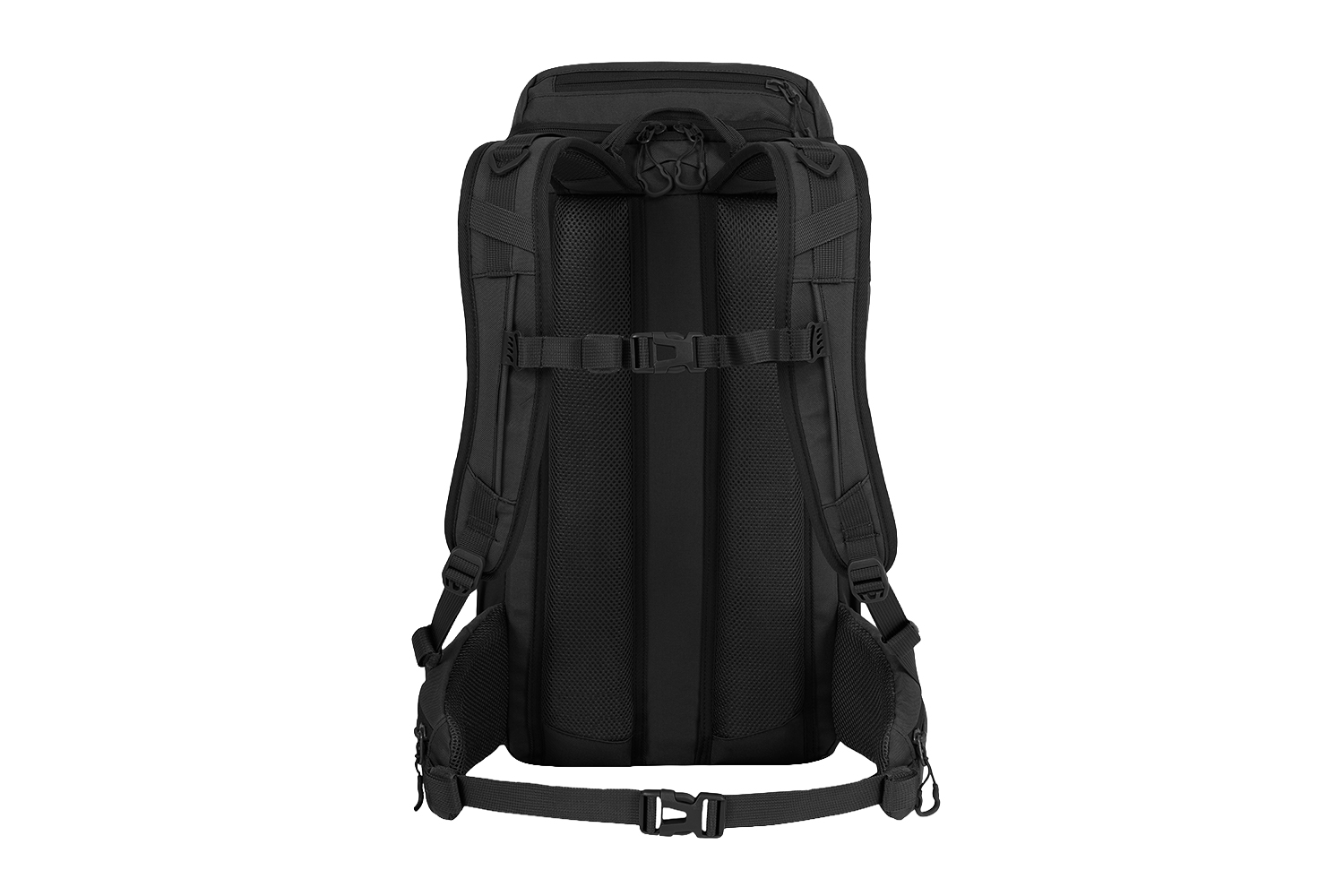 Rückansicht eines schwarzen taktischen Rucksacks mit gepolsterten Schultergurten, einer Brustschnalle und einem verstellbaren Hüftgurt.