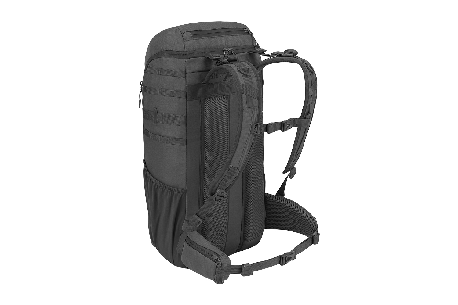 Rückansicht eines schwarzen taktischen Rucksacks mit verstellbaren Schultergurten, gepolstertem Rückenteil und einem Hüftgurt mit Tasche.