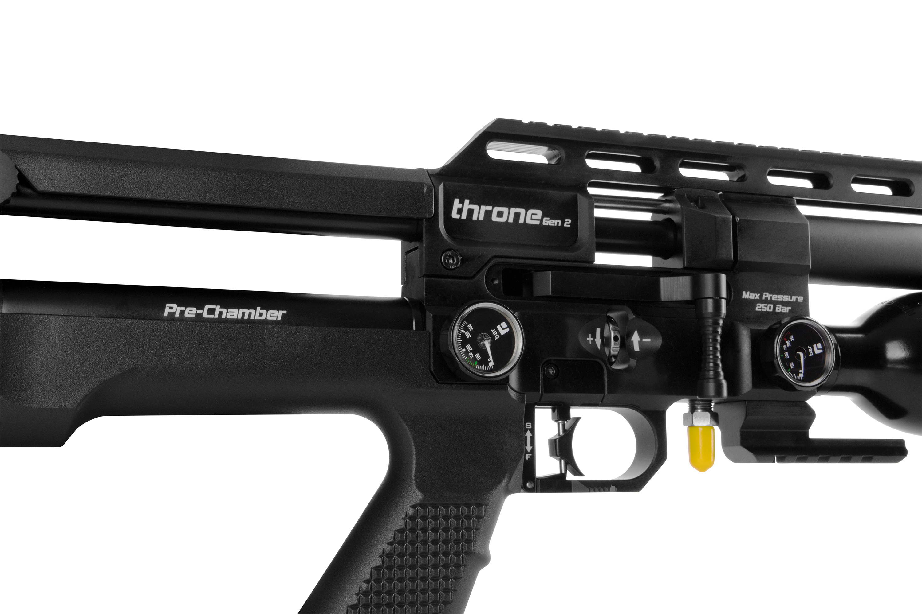 Throne Gen 2-Luftgewehr mit einstellbaren Manometern und einem eleganten schwarzen Design für präzises Schießen.