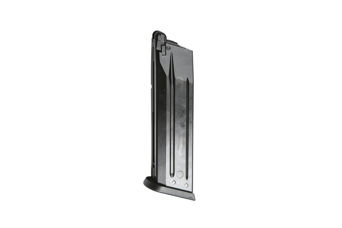 Schwarzes Metallmagazin für eine Luftpistole mit robuster Konstruktion und Grundplatte, isoliert auf weißem Hintergrund.