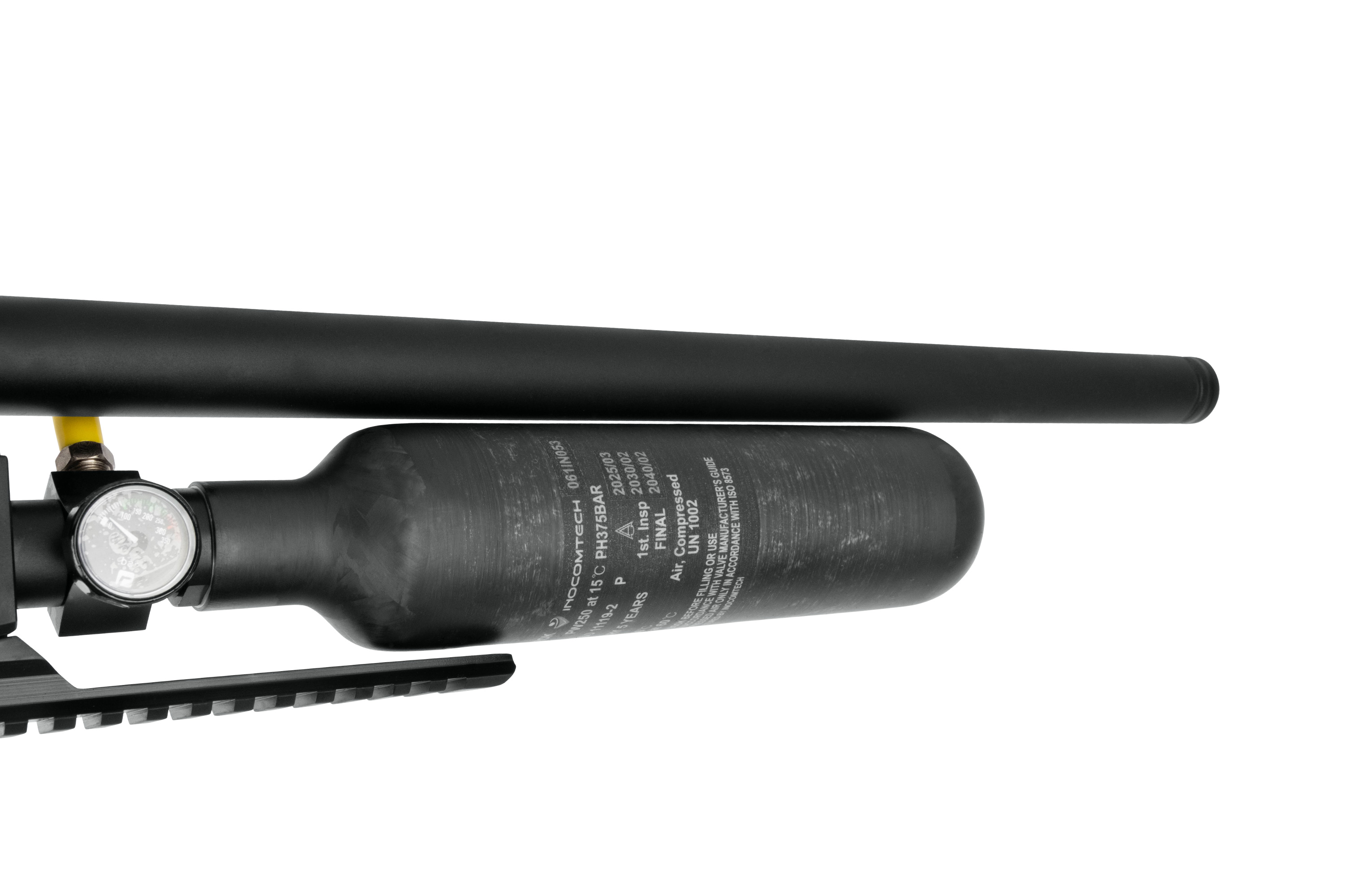Hochdruck-Luftzylinder mit Manometer für Luftgewehre, mit elegantem schwarzem Finish und robuster Konstruktion.