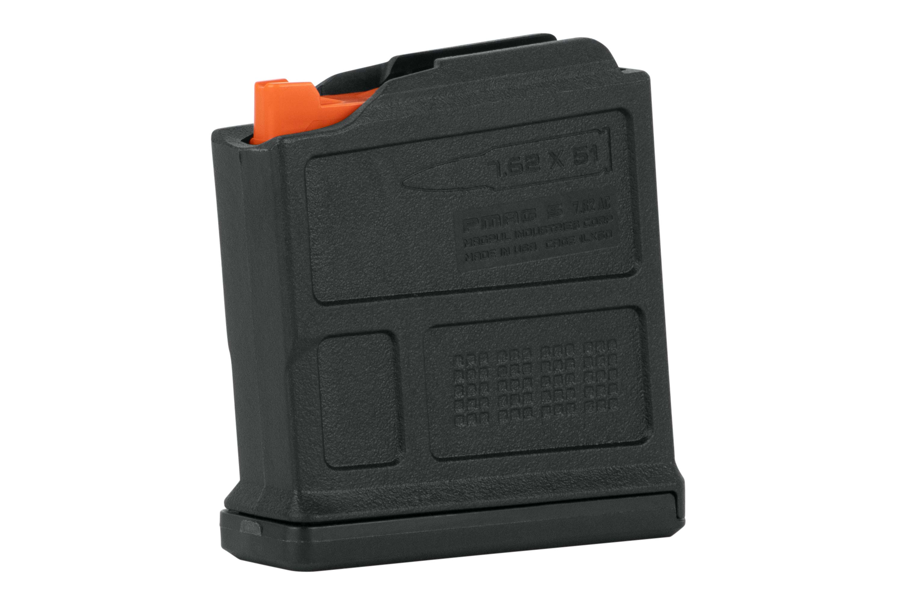 Schwarzes Magpul PMAG 5 7,62 AC-Polymermagazin für Repetierbüchsen mit gut sichtbarem orangefarbenem Follower-Design.
