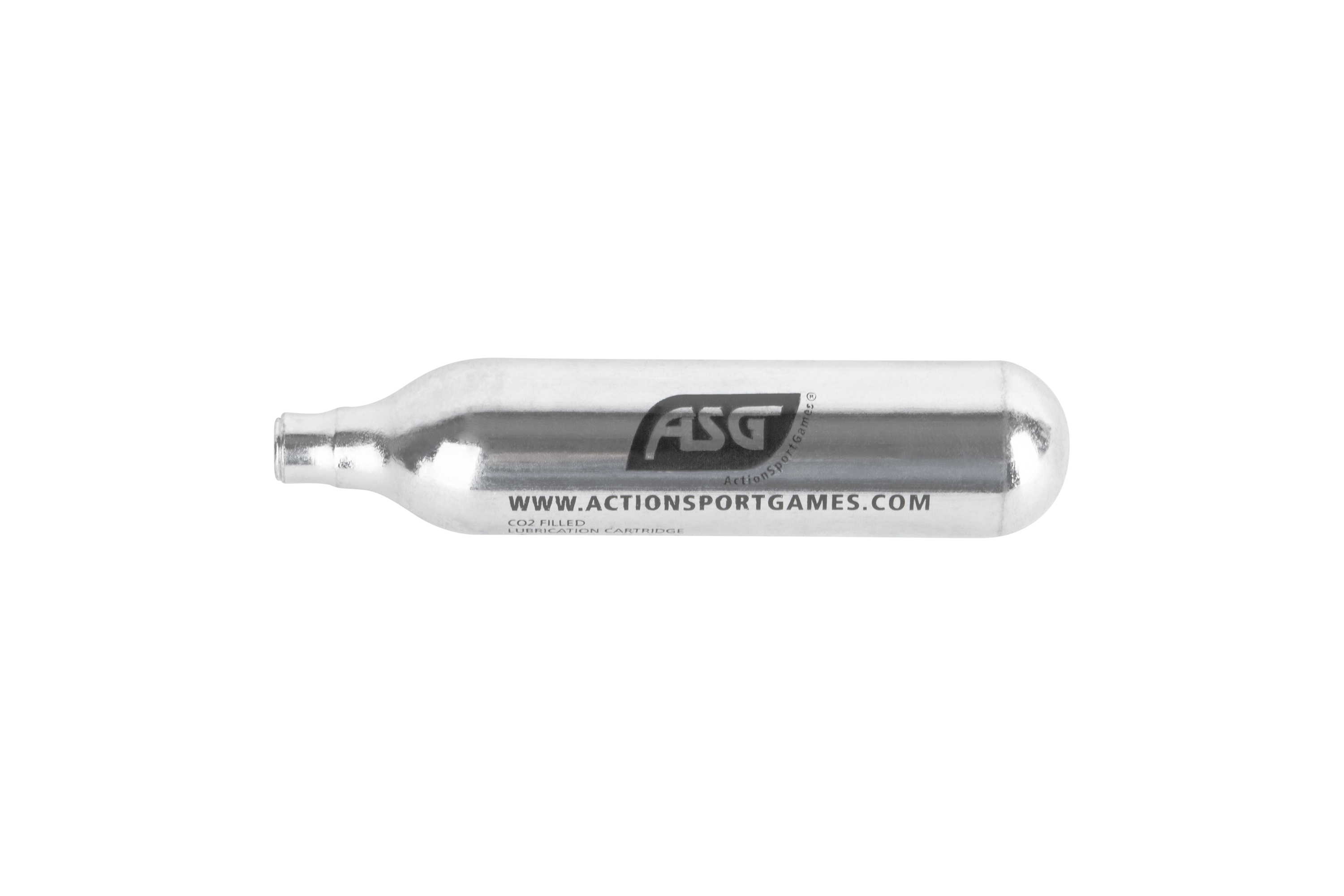 Eine silberne ASG CO2-Schmierkartusche für Luftgewehre, auf deren Metallgehäuse das Markenlogo und die Website aufgedruckt sind.