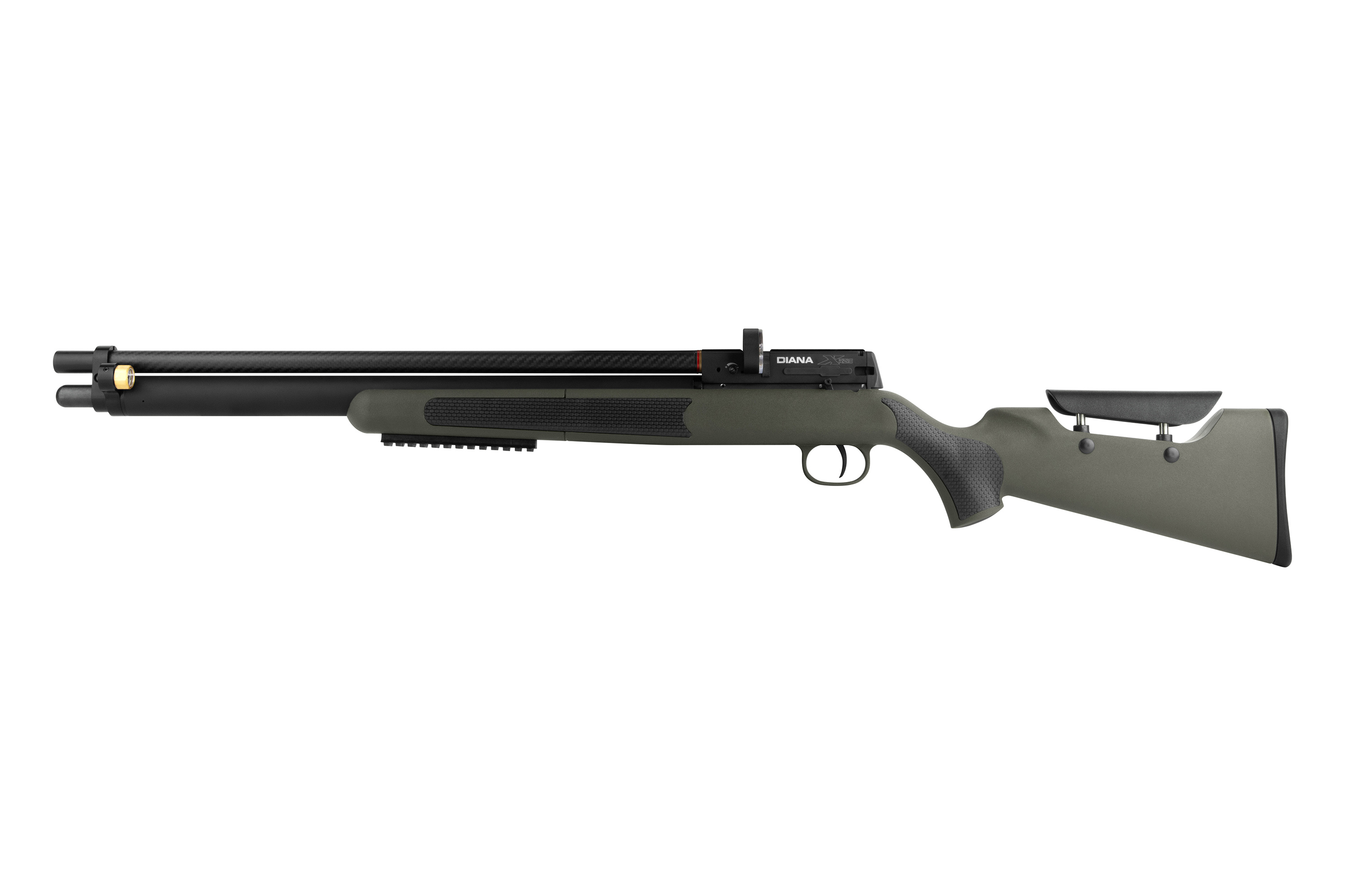 Diana Stormrider PCP-Luftgewehr in Olivgrün mit schwarzer Carbonfaser-Laufabdeckung und verstellbarer Backe.