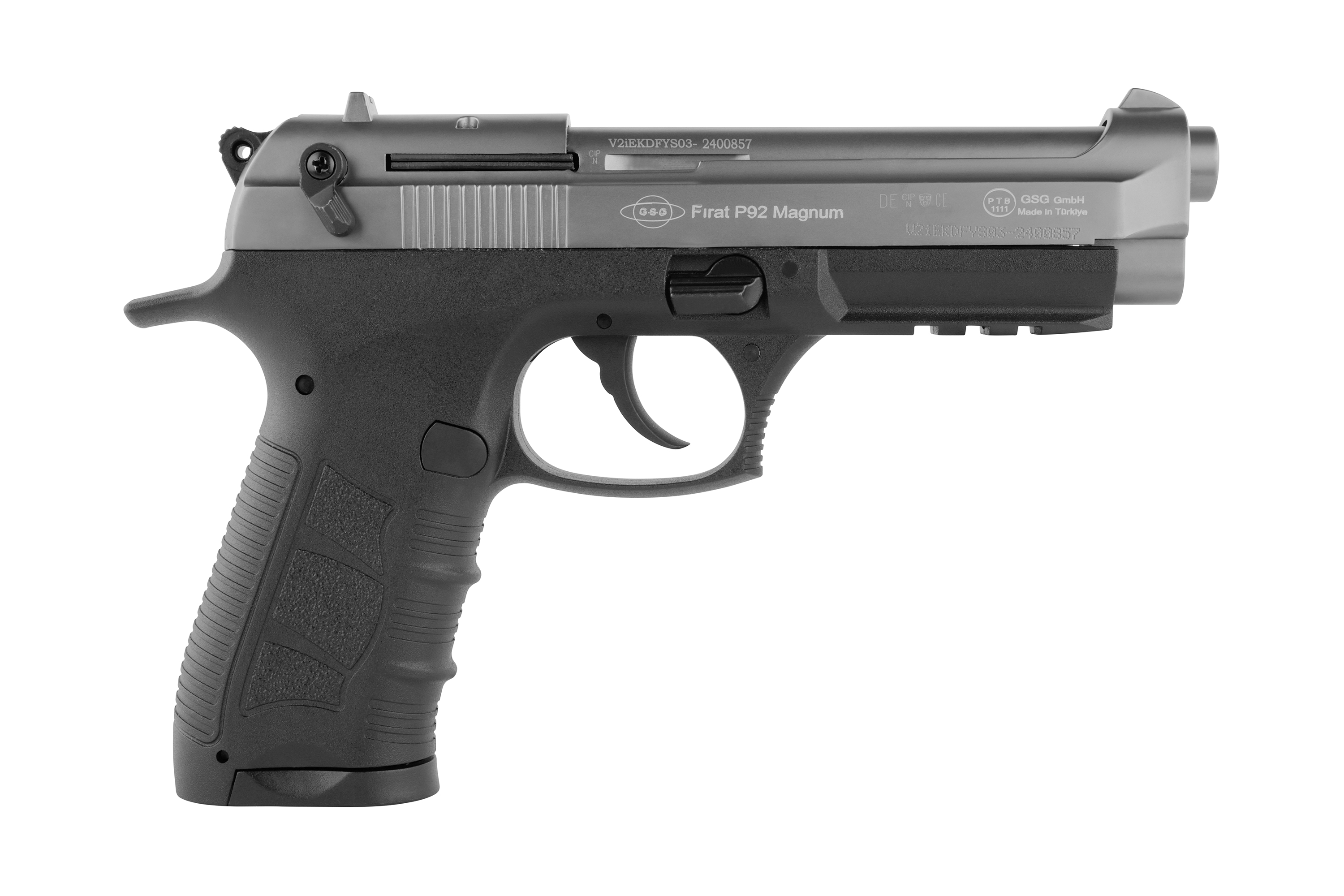 GSG Firat P92 Magnum Luftpistole mit schwarzem Griff und silbernem Schlitten, ideal für Schusswaffenliebhaber.