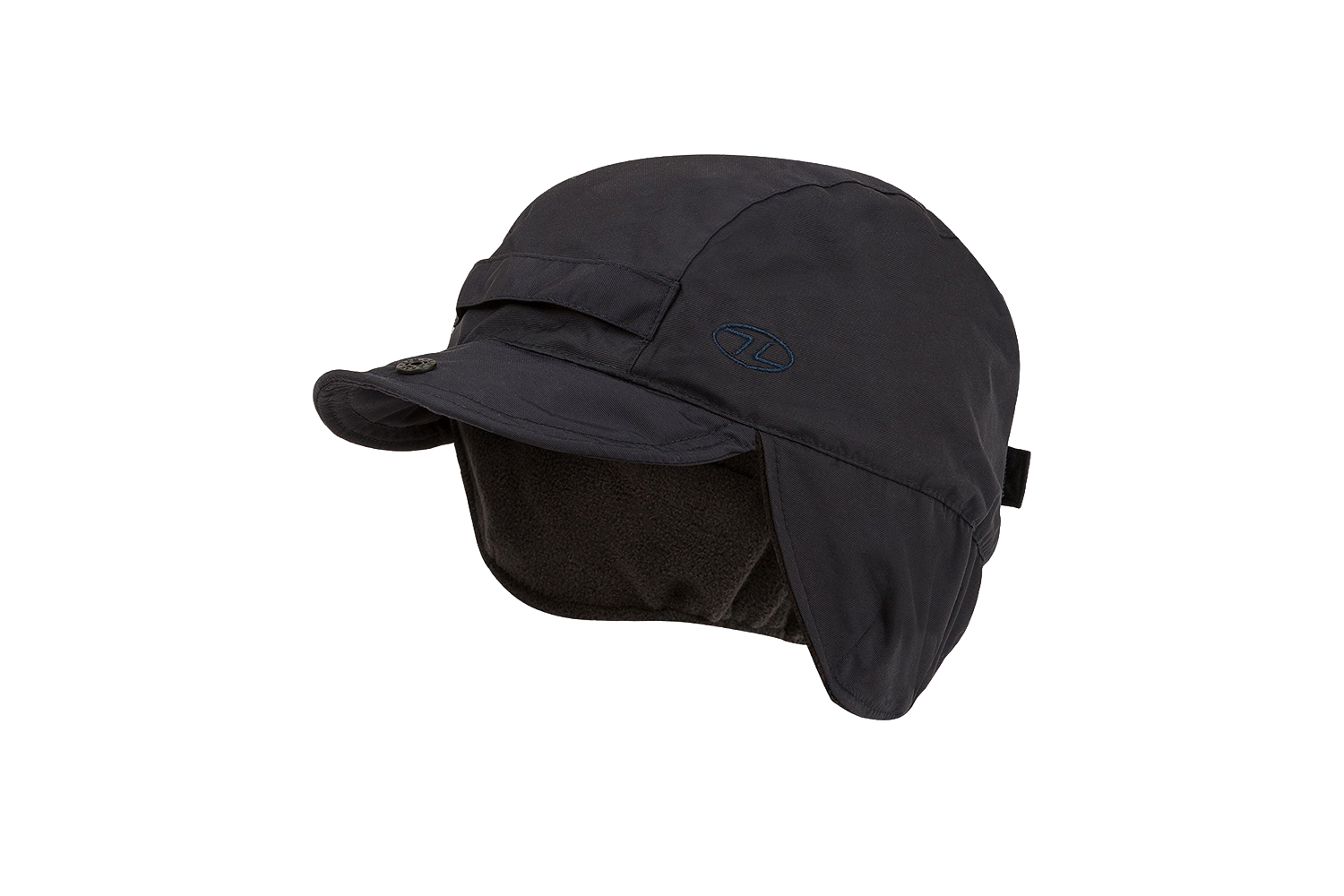 Schwarze Wintermütze mit Ohrenklappen und kurzer Krempe, weichem Fleecefutter und kleinem Logo an der Seite.