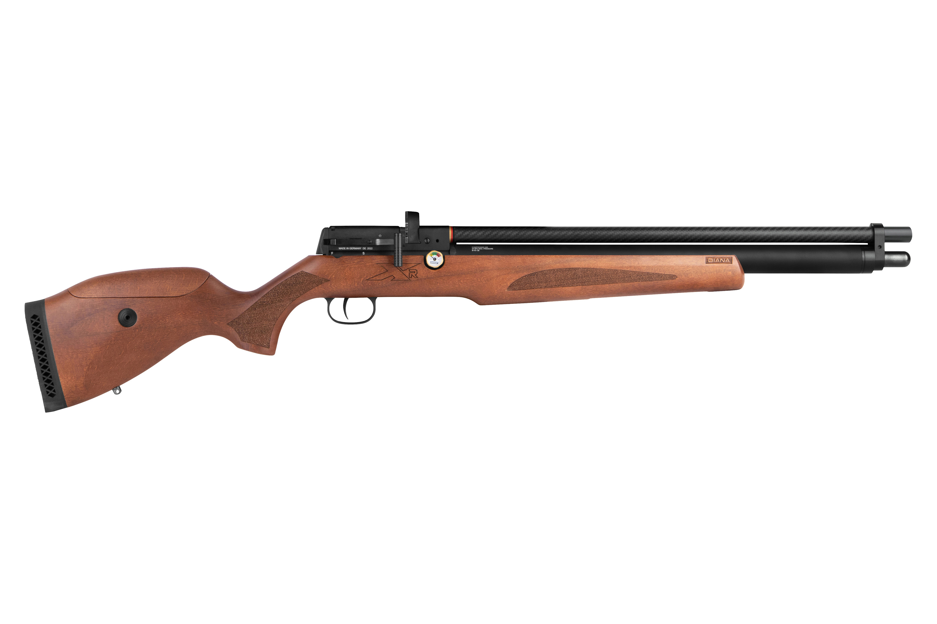 Luftgewehr Diana XR200 PCP mit Holzschaft, schwarzem Metalllauf und integriertem Manometer auf weißem Hintergrund.