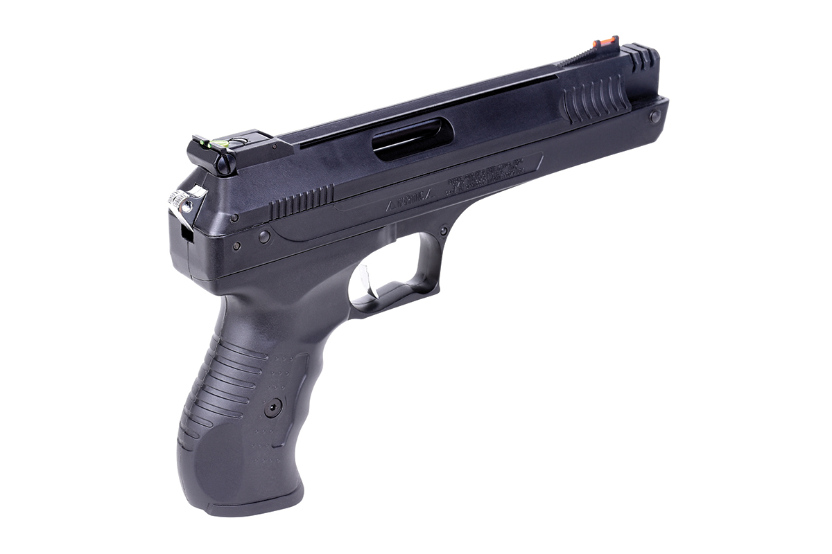 Schwarze Luftpistole mit Glasfaservisier, ergonomischem Griff und schlankem Design, isoliert auf weißem Hintergrund, zu verkaufen.