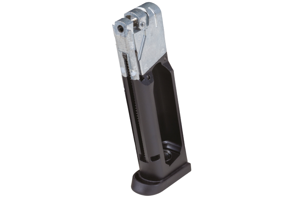 Ersatzmagazin für Luftpistolen, mit einem robusten schwarzen Polymergehäuse und einem metallisch-silbernen oberen Zuführbereich.