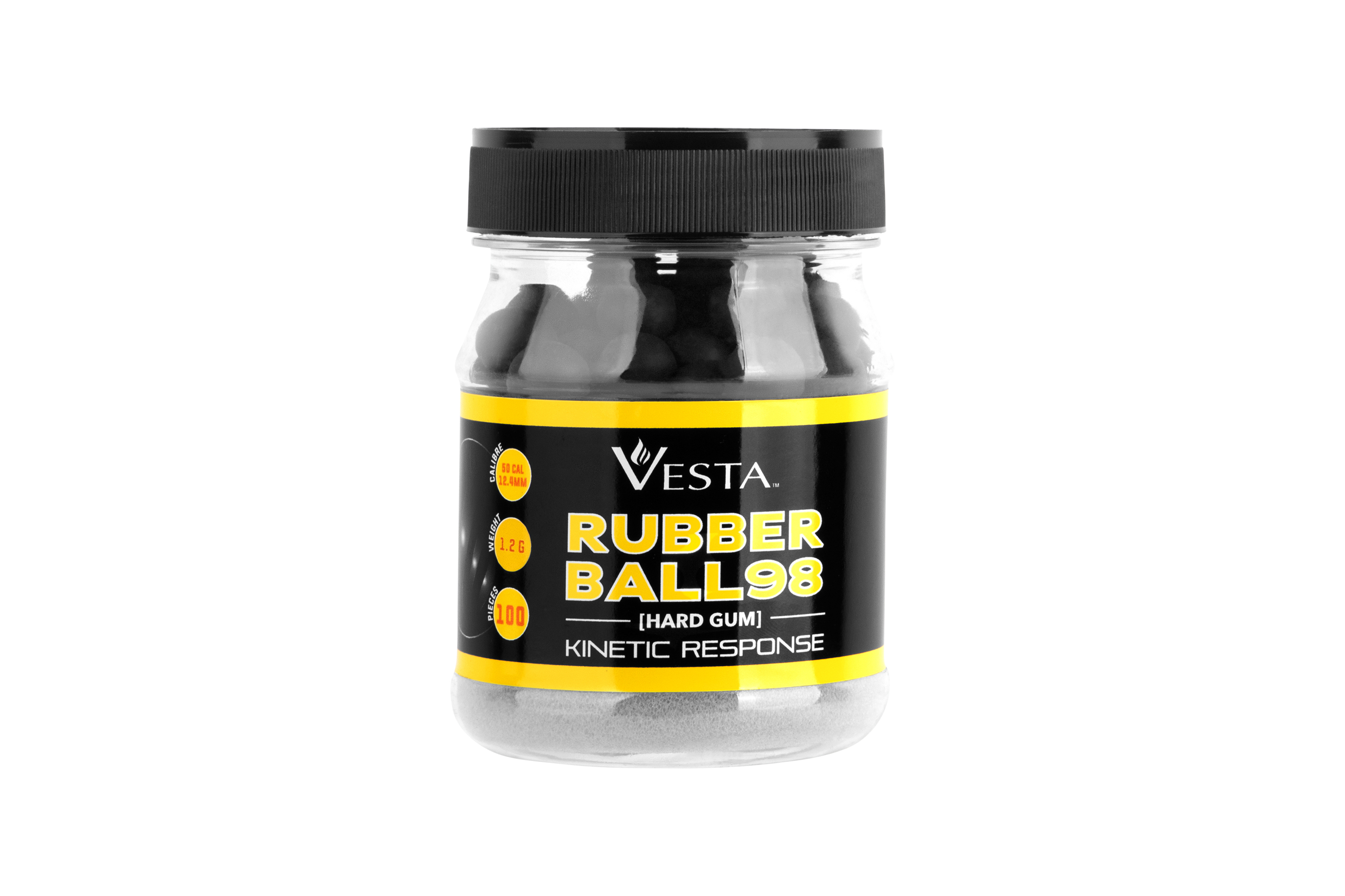 Ein durchsichtiges Plastikgefäß mit Vesta Rubber Ball, 98 Hartgummibällen mit kinetischer Reaktion, Kaliber 50, 1,2 Gramm, insgesamt 100 Stück.