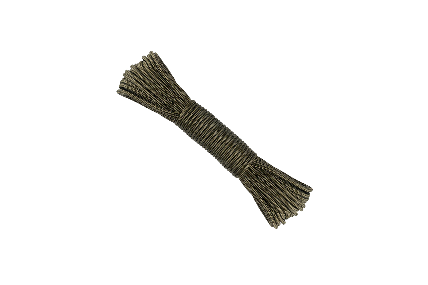 Ein aufgerolltes Stück strapazierfähiges olivgrünes Paracord, ideal für taktische Outdoor-Ausrüstung, Survival-Kits und den Gebrauch im Alltag.