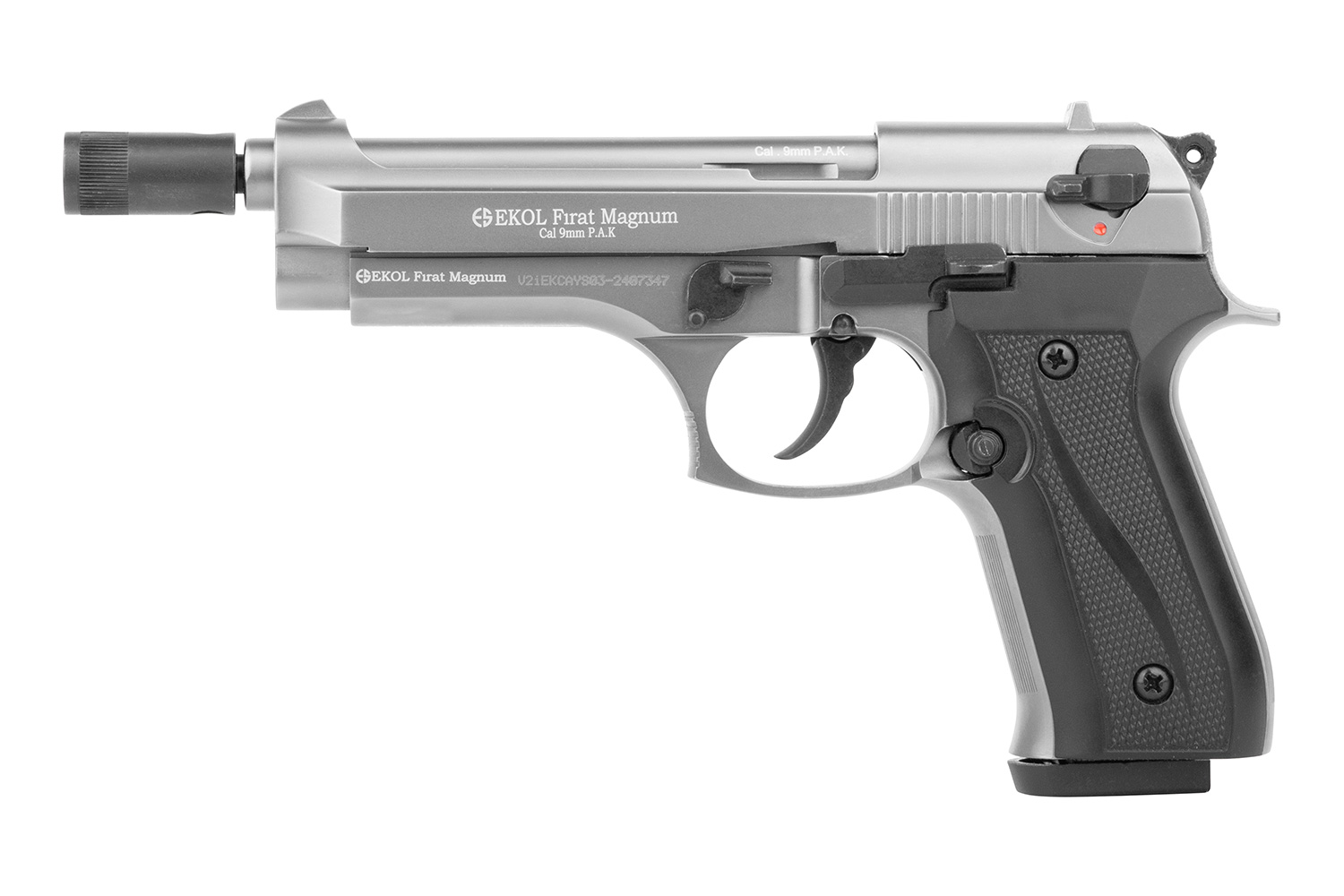 EKOL Firat Magnum Luftpistole in Silber und Schwarz, mit 9 mm P.A.K. Kaliber und ergonomischer Griff.