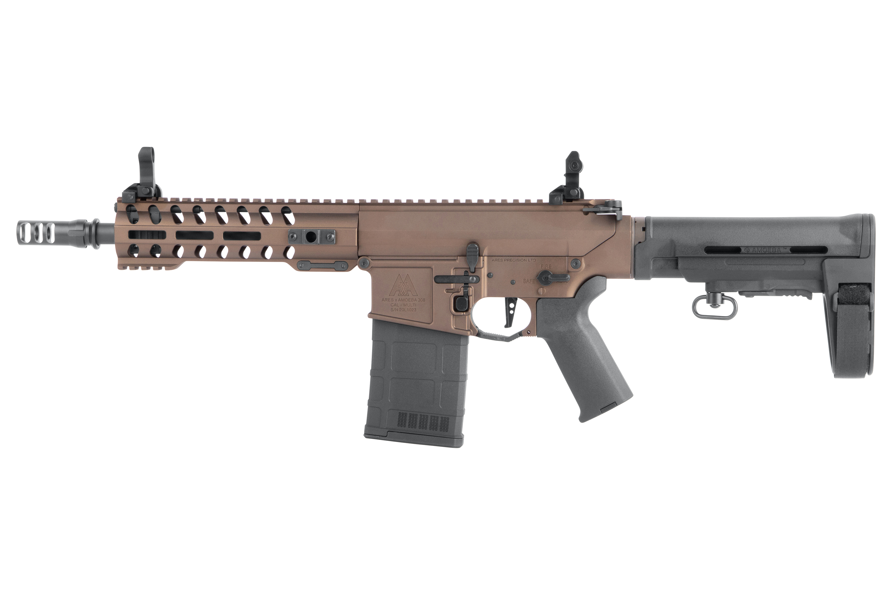 Ares Amoeba 308 Airsoft-Gewehr in Bronze und Schwarz mit modularem Handschutz, verstellbarem Schaft und taktischem Design.