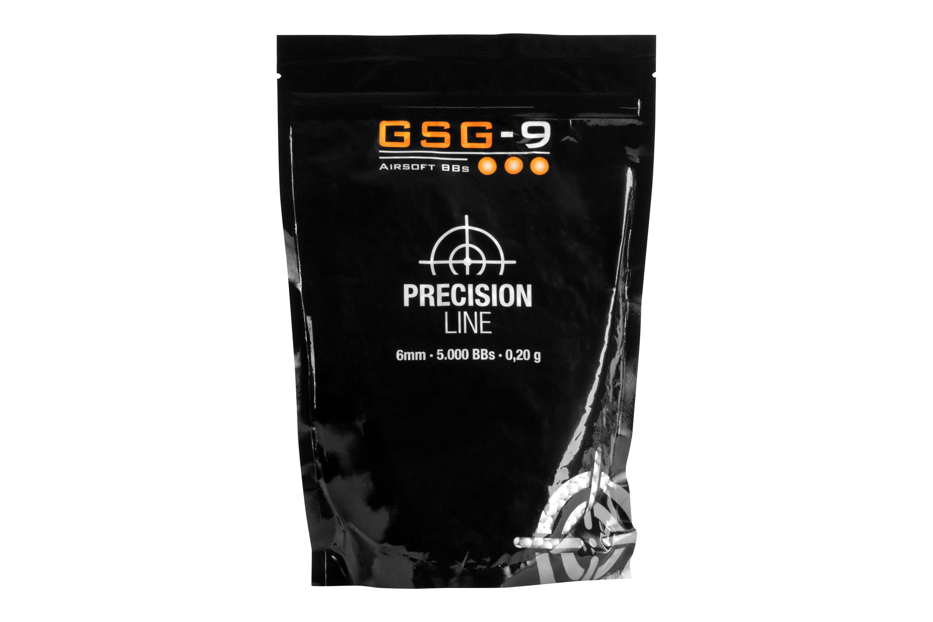 GSG-9 Precision Line Airsoft BBs, 6 mm, 5000 Stück, 0,20 g, schwarze Verpackung mit orangefarbenen Akzenten.