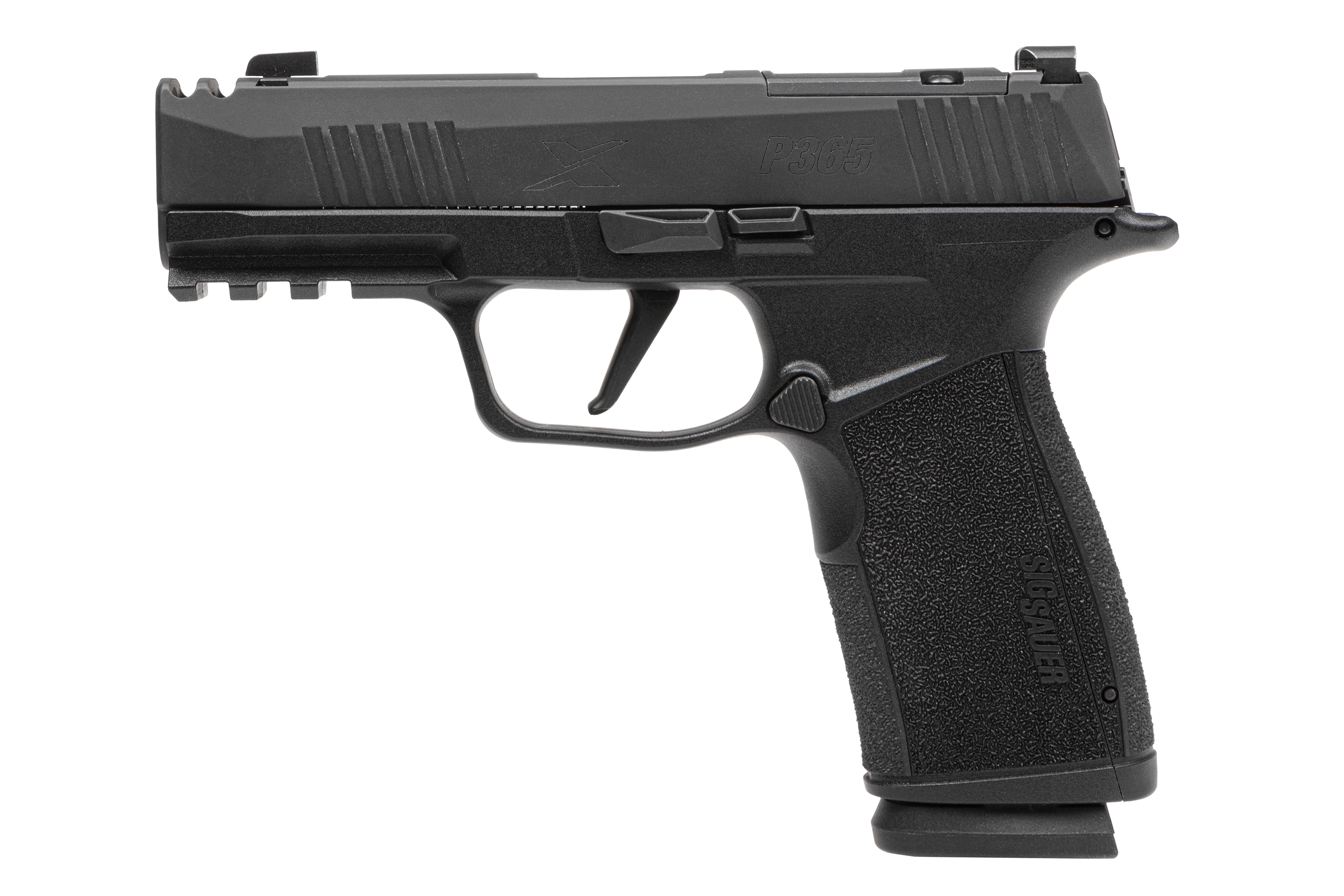 Sig Sauer P365 Luftpistole in Schwarz mit strukturiertem Griff und Zubehörschiene für Schusswaffenliebhaber.