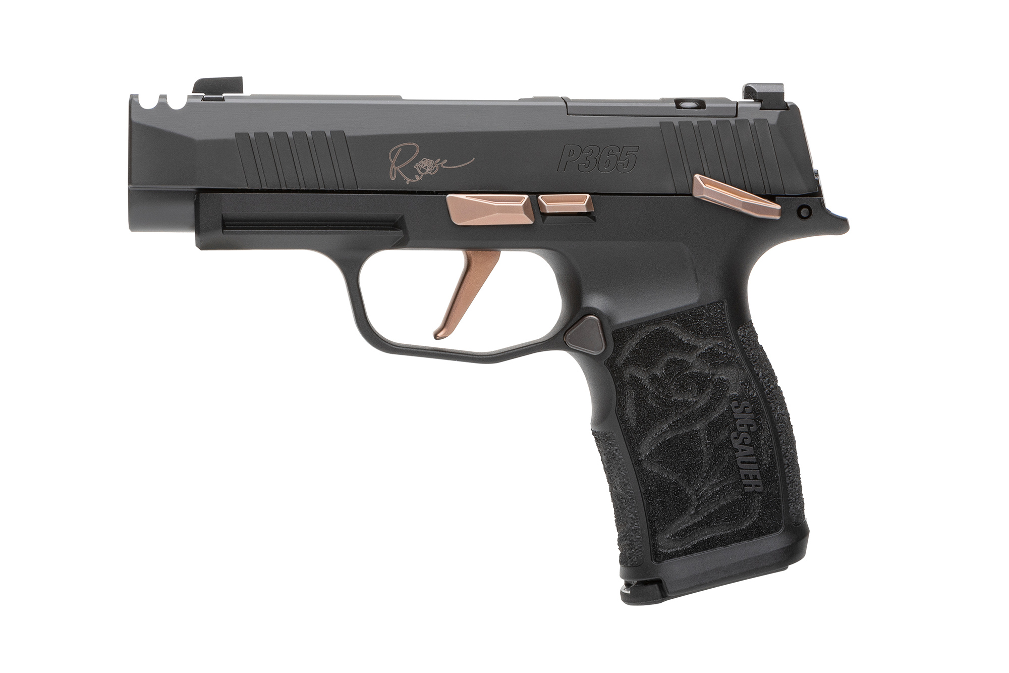 Sig Sauer P365 Luftpistole mit schwarzem Finish und roségoldenen Akzenten, mit strukturiertem Griff.