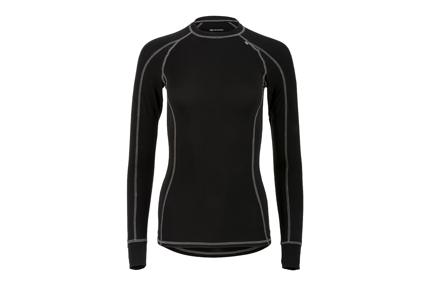 Schwarzes, langärmliges Baselayer-Shirt für Damen mit Rundhalsausschnitt und sichtbaren hellgrauen Flatlock-Nahtnähten.