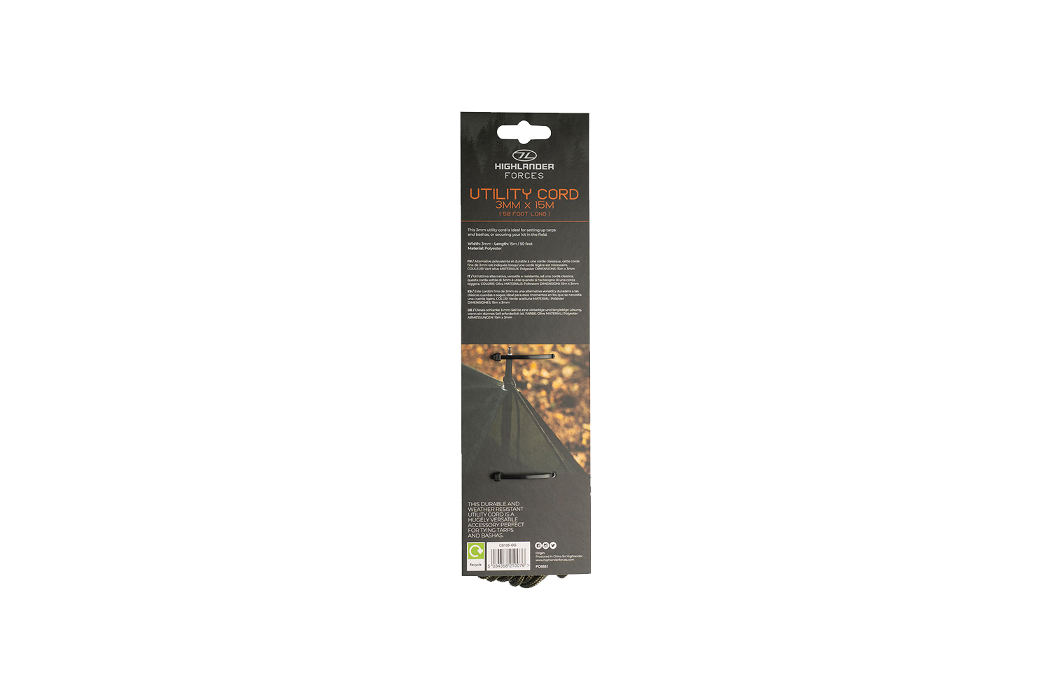 Highlander Forces olivfarbenes Netzkabel, 3 mm x 15 m, auf einer Verkaufspräsentationskarte für Outdoor-Ausrüstung und Campingausrüstung.