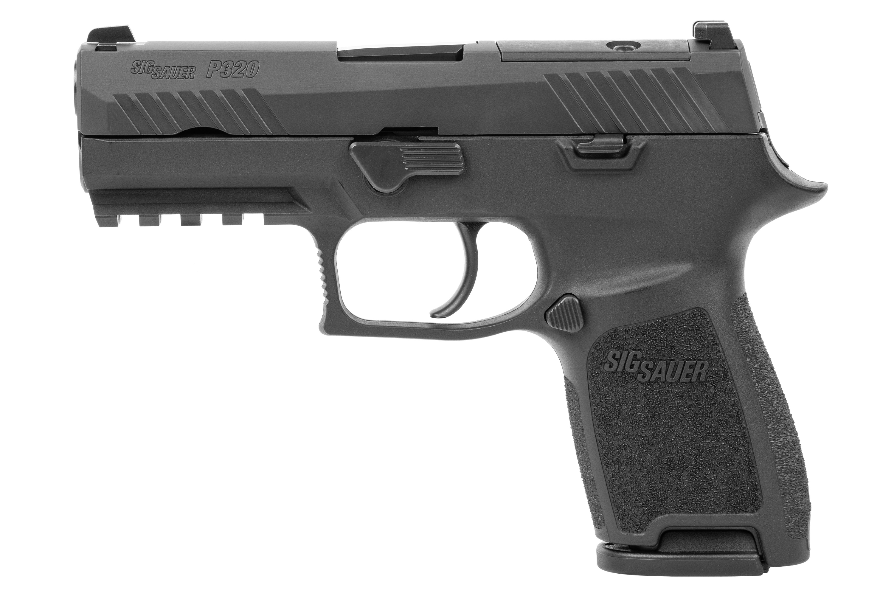 SIG Sauer P320 Luftpistole in Schwarz mit strukturiertem Griff und taktischem Design für verbesserte Leistung.